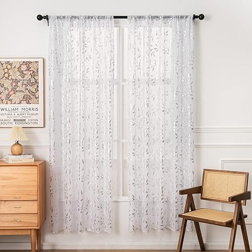Miniatura 6 de Deeprove Cortinas transparentes de 63 pulgadas de longitud, 2 paneles, con estampado de hojas de enredadera metálicas brillantes para tratamientos