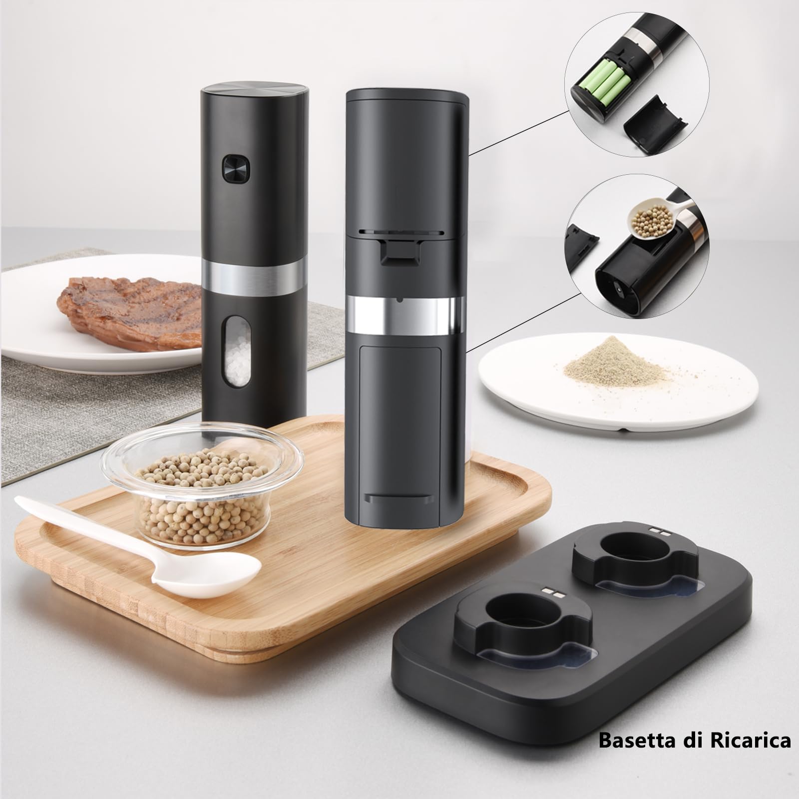 Sale E Pepe Set Macinapepe E Macinasale Elettrico COKUNST - Alimentato A Batteria, 5 Livelli Di Macinatura, Con Luce LED Macina Sale E Pepe