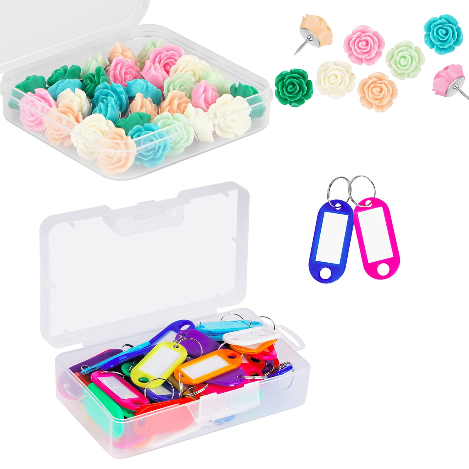 Key Tags and Push Pins - Cuttte 50 Pack Plastic Key Tags with Container and 30pcs Decorative Push Pins for Cork Board with Case, Office Decor for Women, Cubicle Desk Accessories