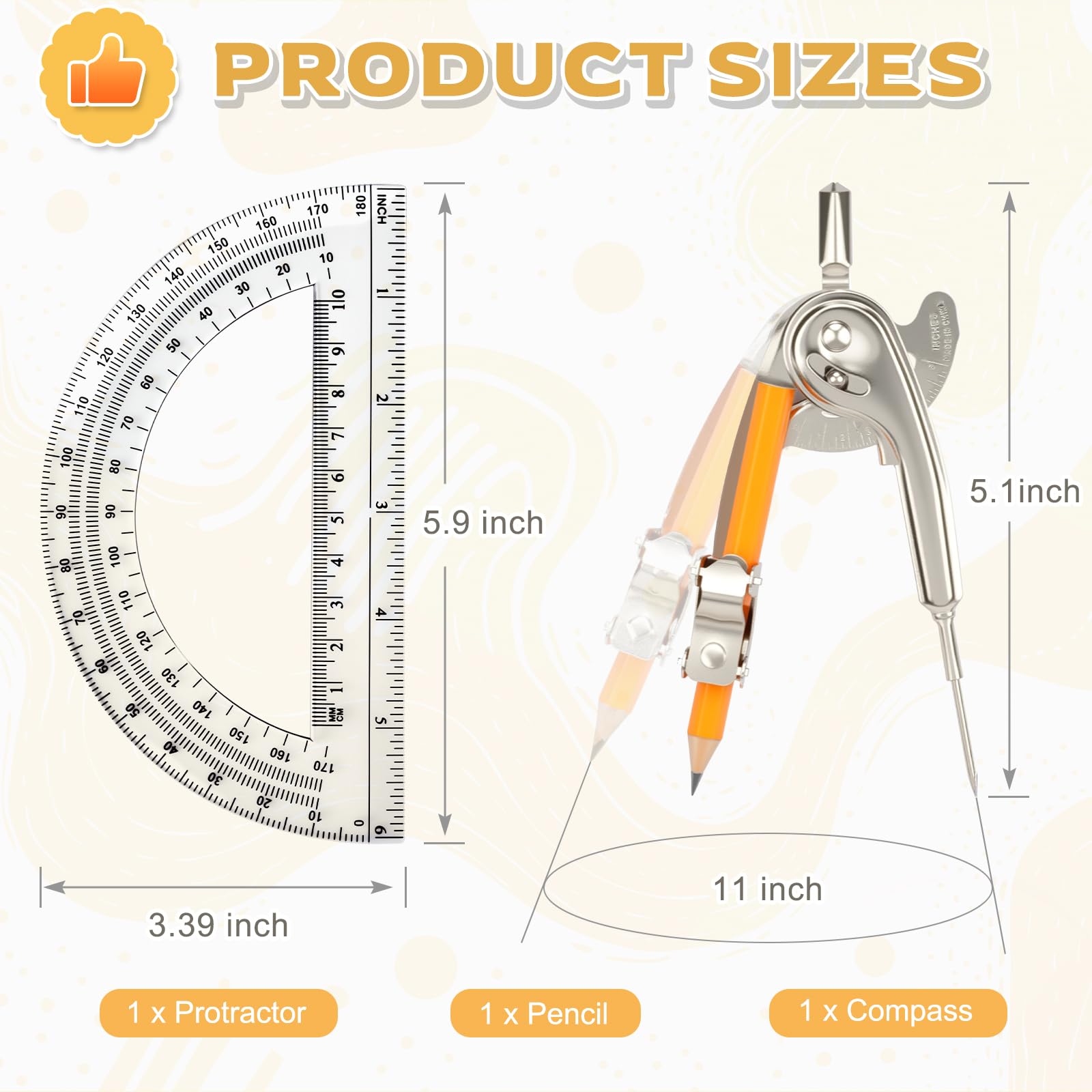 Zestaw 2 narzędzi geometrycznych, kompas matematyczny do geometrii i 15 cm kątomierza, zawiera metalowy kompas z ołówkiem i przezroczystym plastikowym kątomierz, do szkoły, biura, obróbki drewna