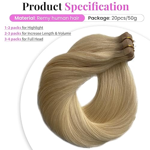 Miniatura 3 de Extensiones de cabello con cinta, extensiones de cabello humano real, color rubio, 22 pulgadas, 1.76 onzas, 20 unidades, extensiones de cabello