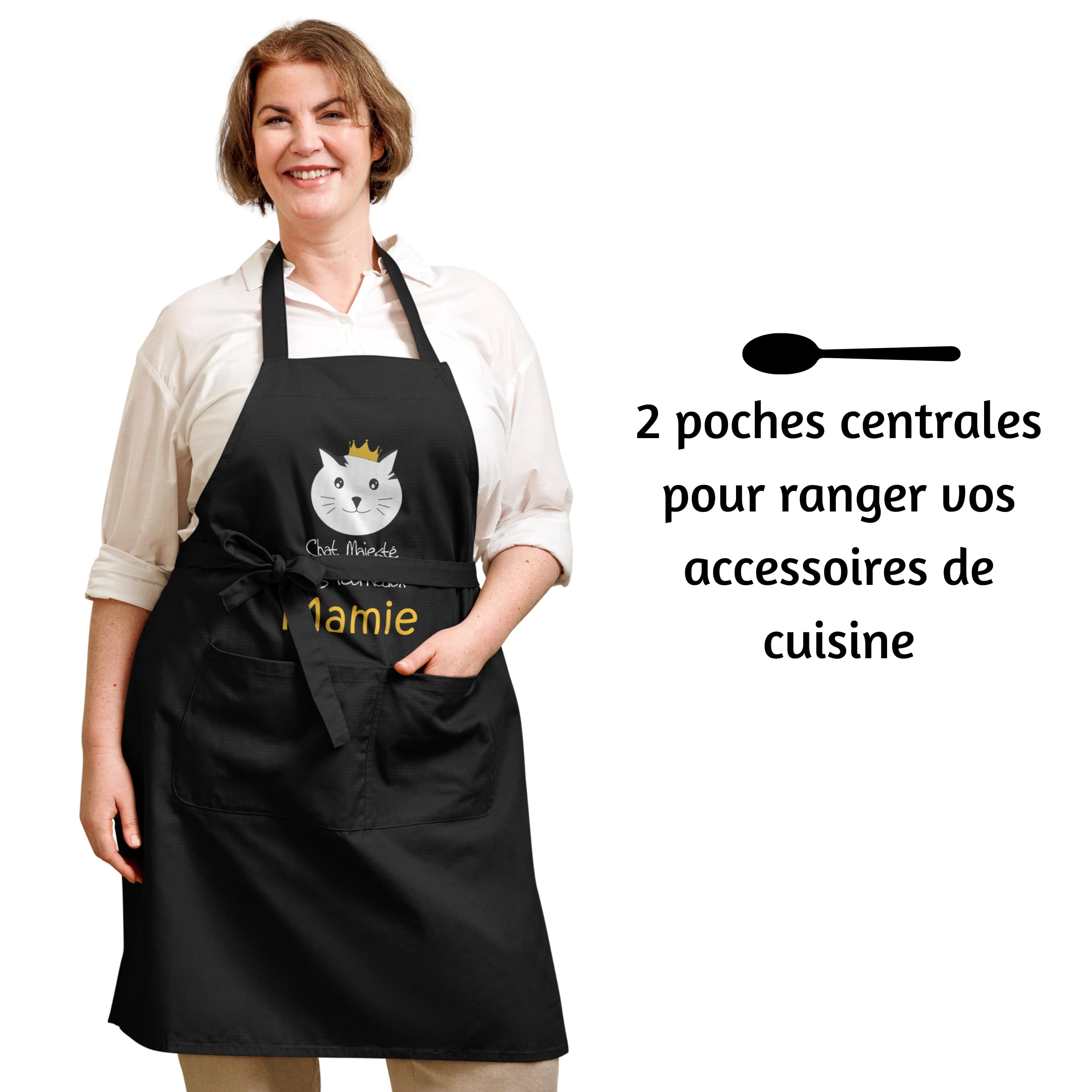 Tablier de Cuisine Femme - Tablier Personnalisé, Cadeau Femme Original, Cadeau Anniversaire Maman et Mamie Motif Chat Prenom Idée Cadeau Noel Fête - Cadeau Personnalisé