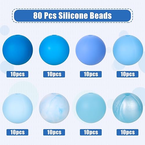 Miniatura 2 de 80 cuentas de silicona de 0.591 in, 8 colores azules, cuentas de silicona a granel para hacer llaveros, cuentas de silicona de 0.59 pulgadas de goma