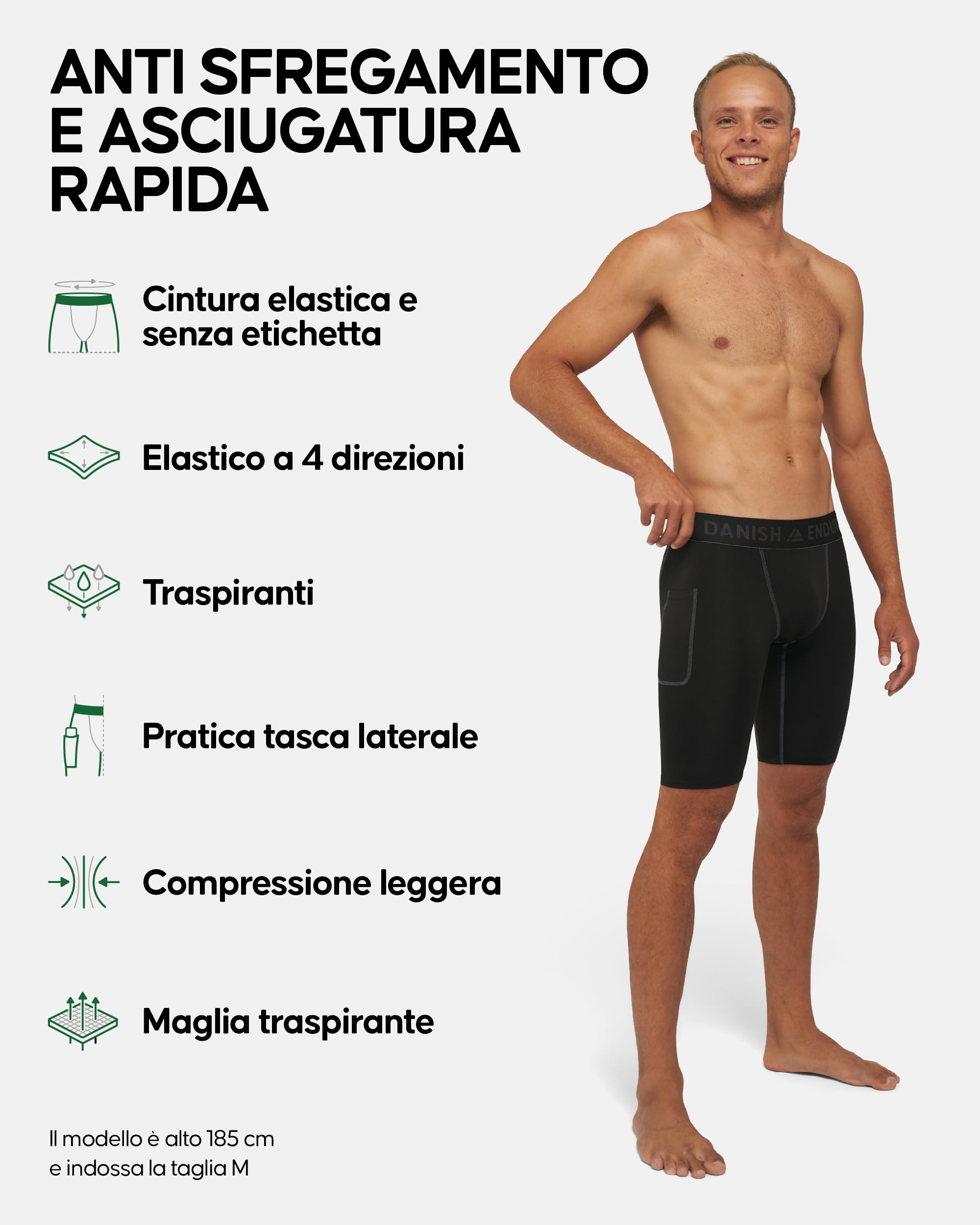 DANISH ENDURANCE Pantaloncini a Compressione, Shorts, Traspiranti e Quick Dry, con Tasca, da Uomo, 2 Paia