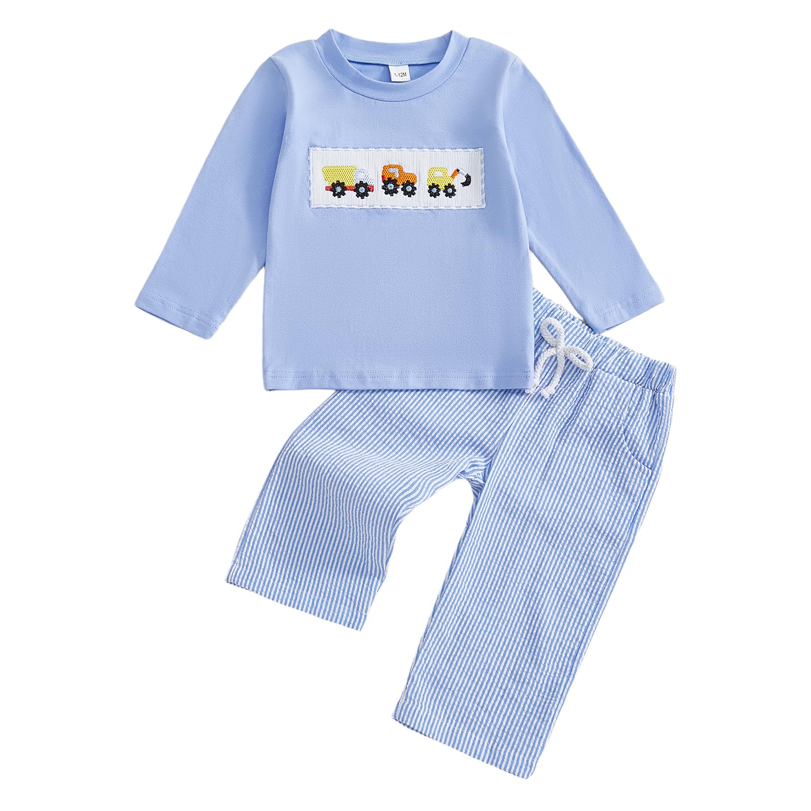Thorn Tree Toddler Baby Boy Fall Outfits Long Sleeve Digger Vehicle Embroidery Sweatshirt Strip Pants Warm Clothes Set