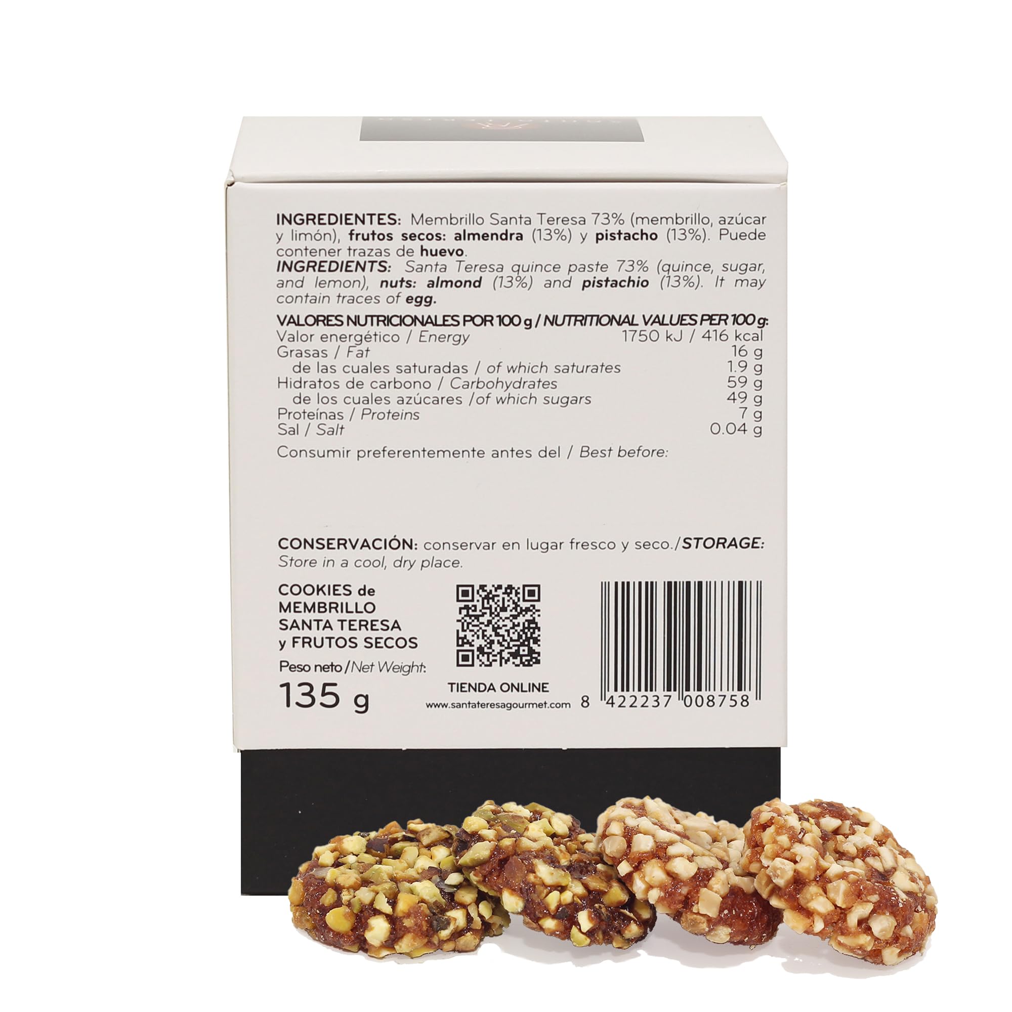 Santa Teresa - Pack de 6 estuches de Cookies de Membrillo recubiertas de Pistacho y Almendra. Sin Gluten. Apto para Veganos. 135g x 6 unidades