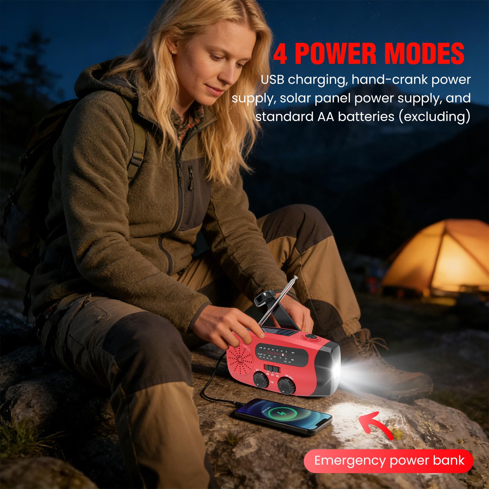 Kurbelradio mit Solar und LED Taschenlampe, 3-LED-Taschenlampe/AM/FM/Wetter/USB-Handyaufladung, Tragbar für Camping, Wandern & Notfallvorsorge