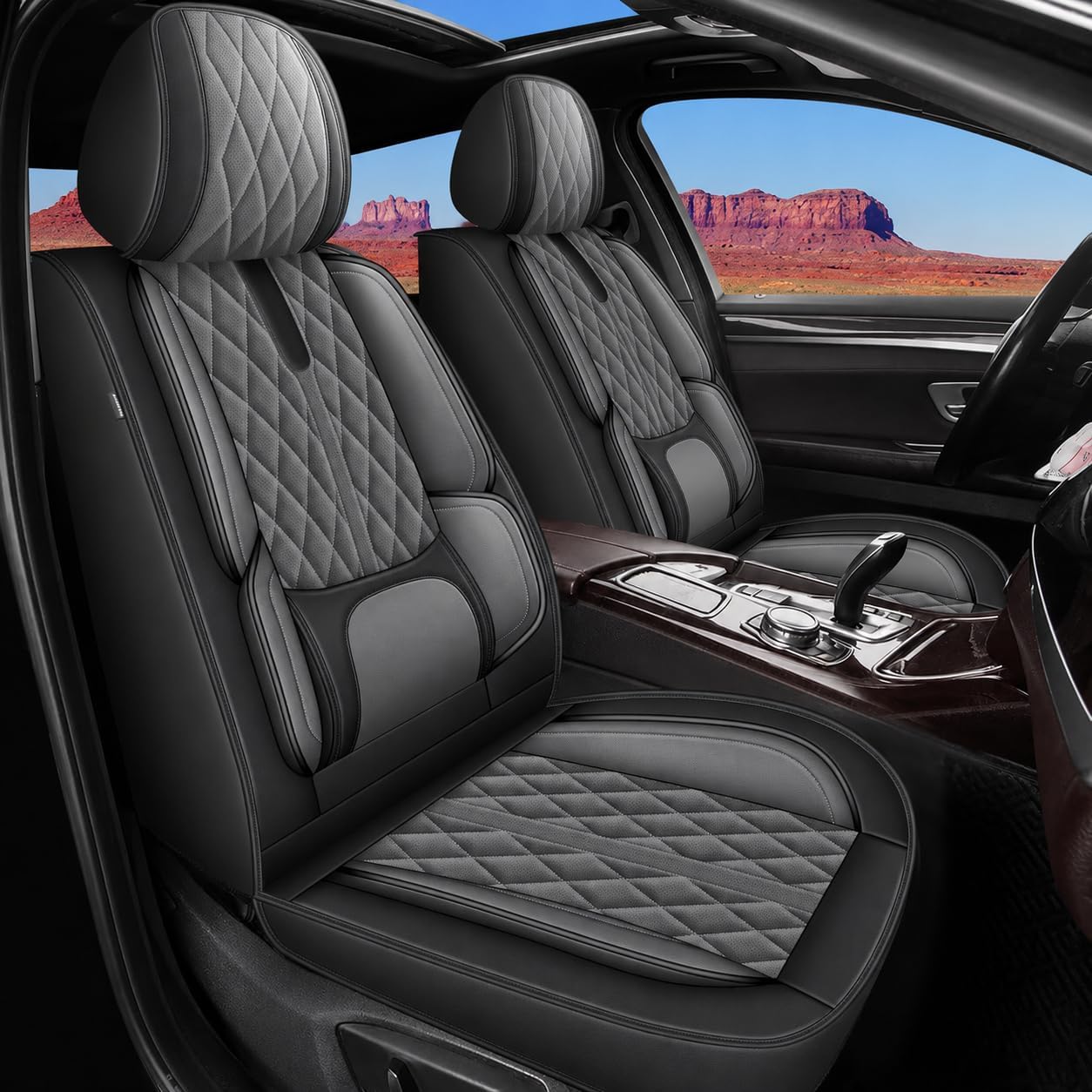 IKABEVEM Seat Covers Fit for Hyundai Kona 2018-2026: Full Set Breathable Leather Car Seat Covers - Automotive Interior Seat Cushion Protector (2 Rows 5 Seats, Black & Gray)