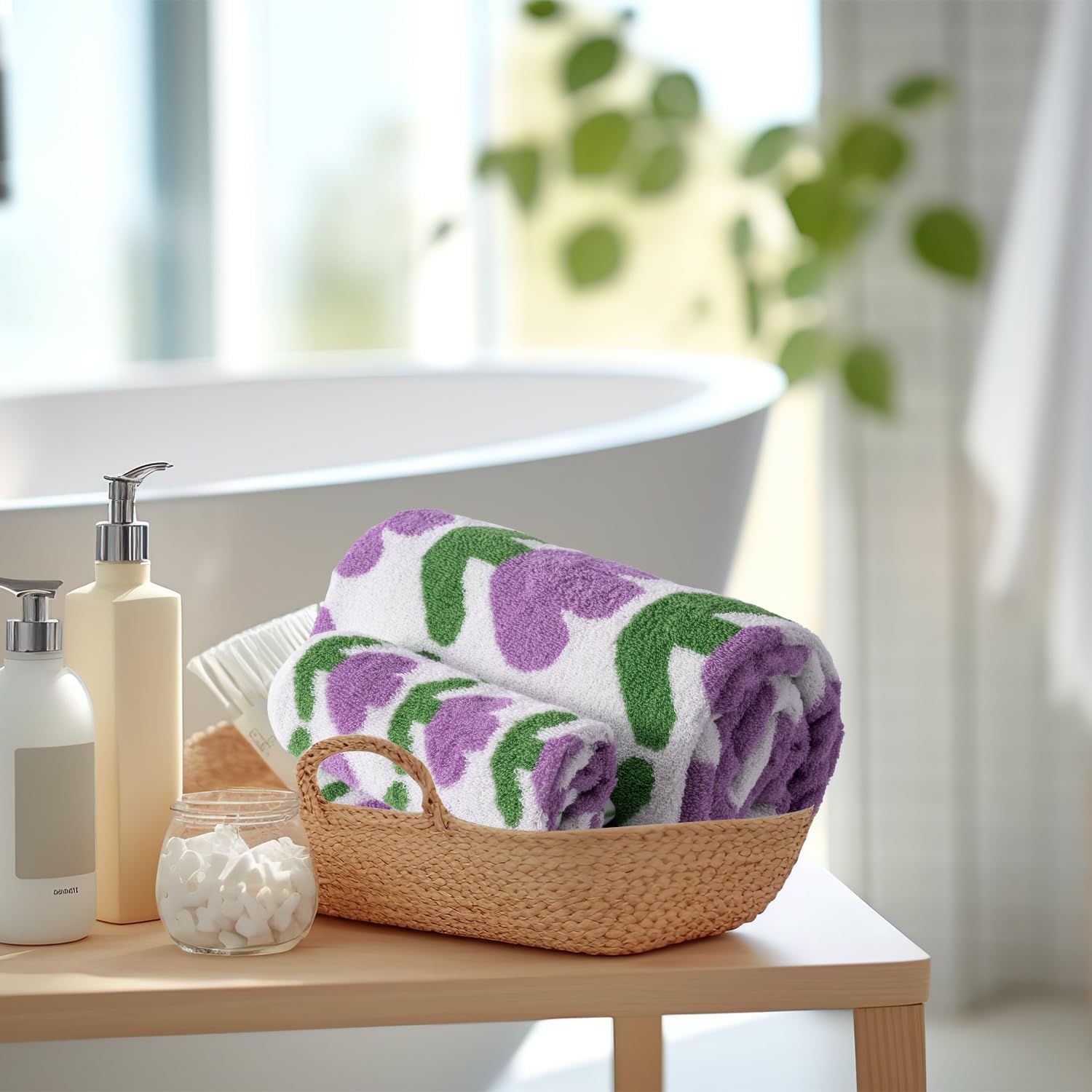 Luxury Bath Towel Sets Purple Tulip Large Ultra Soft 100% Cotton Classic Flower Classic Pattern 1 Bath Towels Sheets 2 Hand Towels Highly Absorbent for Gift Adults Girl Face Body (Puple)
