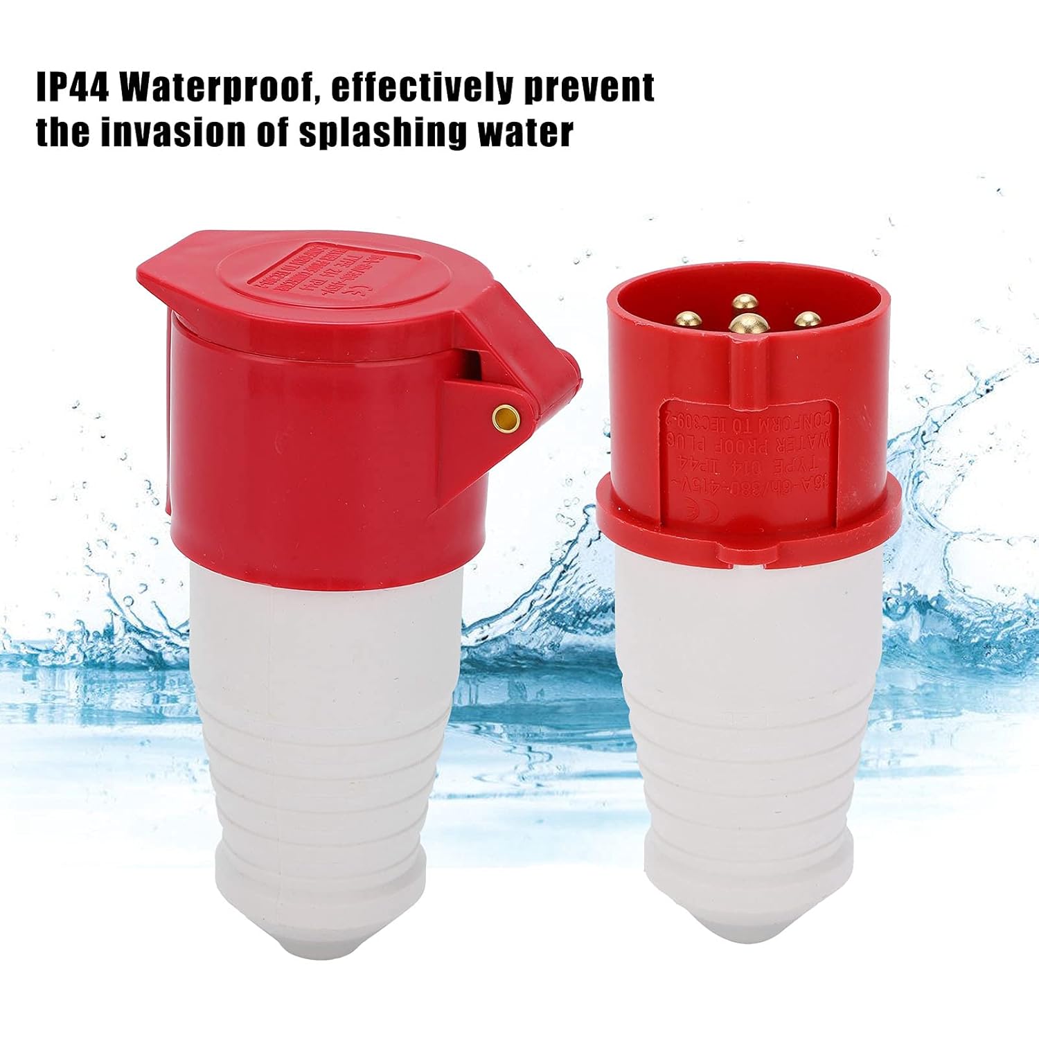 FLEXMAN Industrial Power Connector demonstrating its IP44 waterproof rating, showing the sealed design.