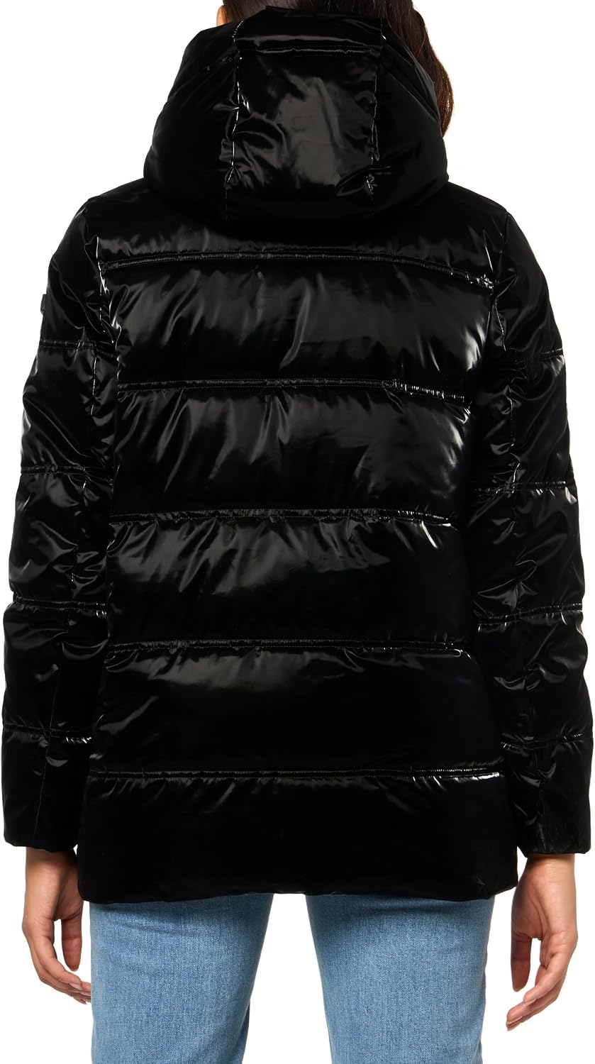 HALSTON Women's Bib Hood Detail Shine Puffer