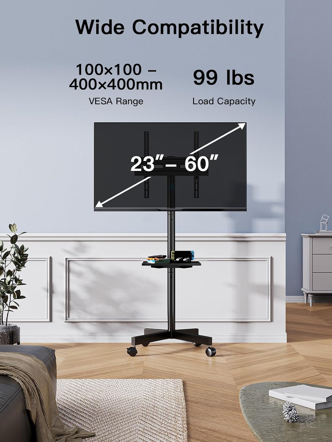 PERLESMITH Rolling TV Stand on Wheels for 23-60 Inch Flat Curved Screen TVs, Mobile TV Cart Holds up to 99 lbs -Portable TV Stand Adjustable Height with Shelf/Tray, Max VESA 400x400mm, PSTVMC04