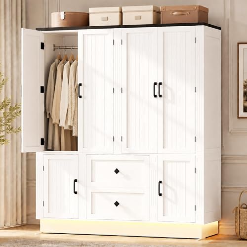 71"H x 63"W White 6-Door Armoire Wardrobe Closet, 2 Drawers, LED Lights | Freestanding Large Wooden Wardrobe Closet with Hanging Rod for Bedroom