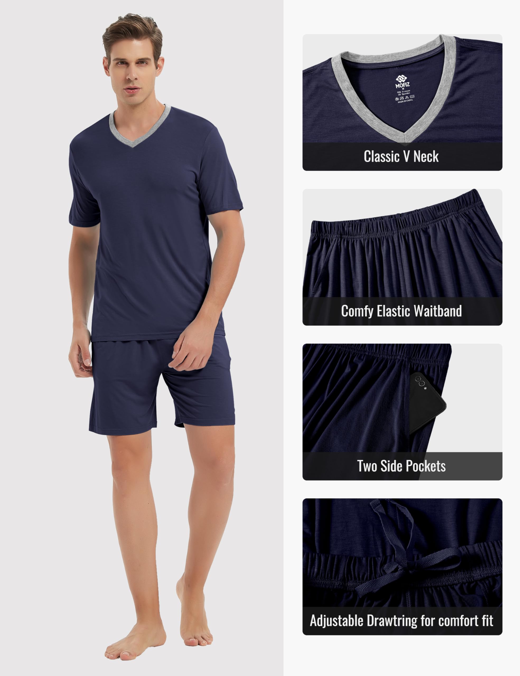 MoFiz Herren Schlafanzug Kurz Pyjama-Set Weich Zweiteilig V Ausschnitt Kurzarm T-Shirt & Schlafhose Kurz Hausanzug Loungewear Nachtwäsche Set mit Taschen