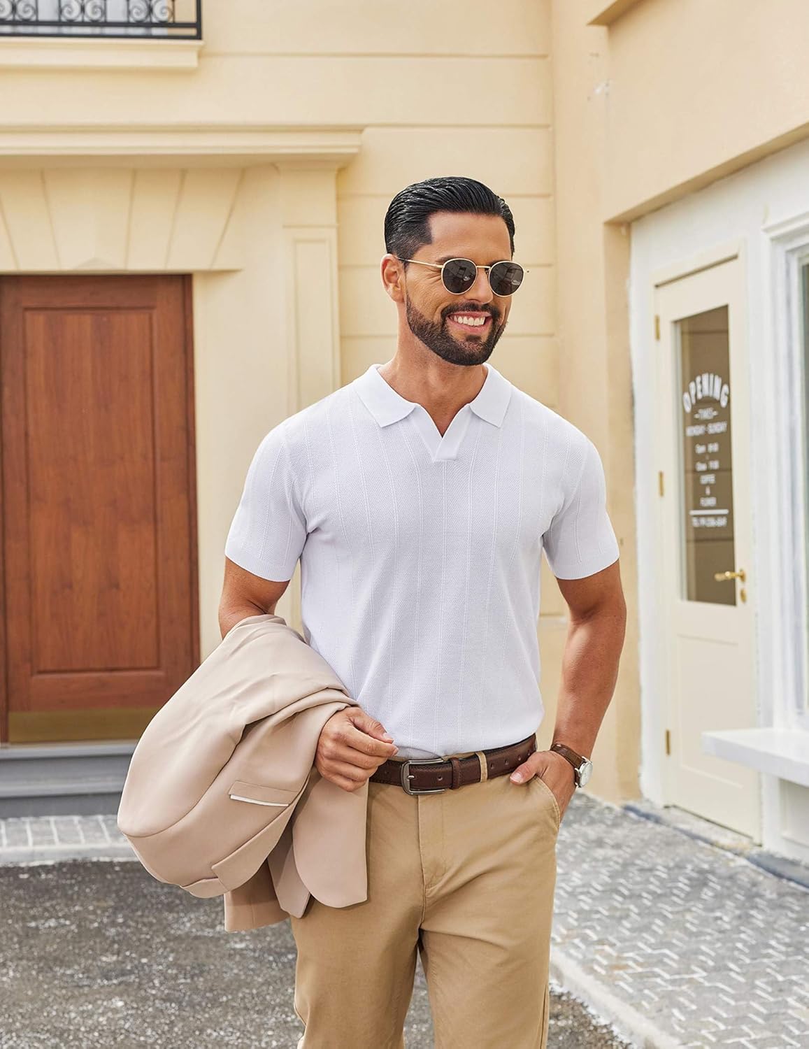 COOFANDY Mens Knit Polo Shirts V Neck Short Sleeve Ribbed Textured Polo Shirt Stretch Casual Golf Shirts Collared T Shirt - Image 4