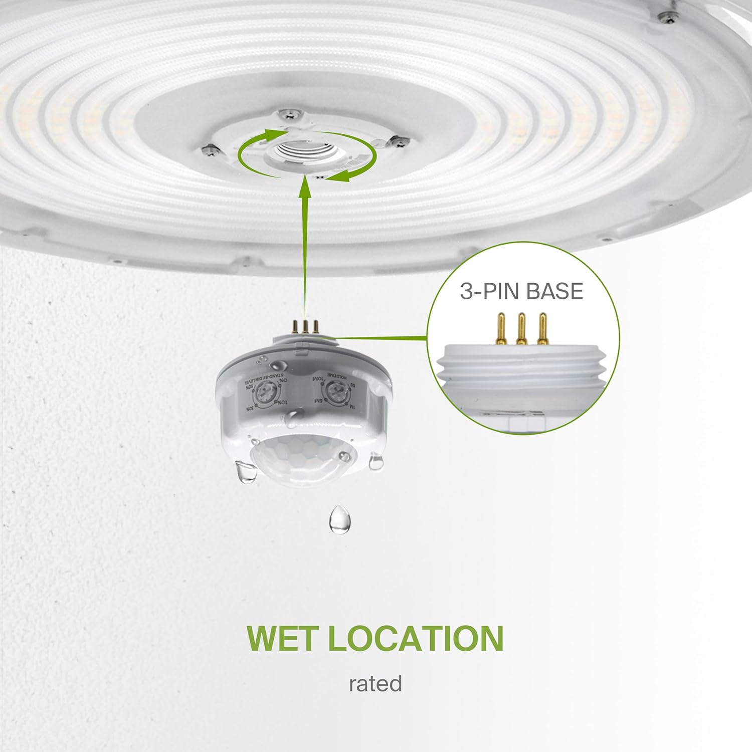 ASD Infrared Motion Sensor for LED Lights with Q-Base | 3PIN 39FT Dim 0-10V IP65 | Compatible with LSB5A, LSB5B, LSB5R, CAN07A, CAN09S, UHB2A, UHB3, UHB5, WHB5A | White