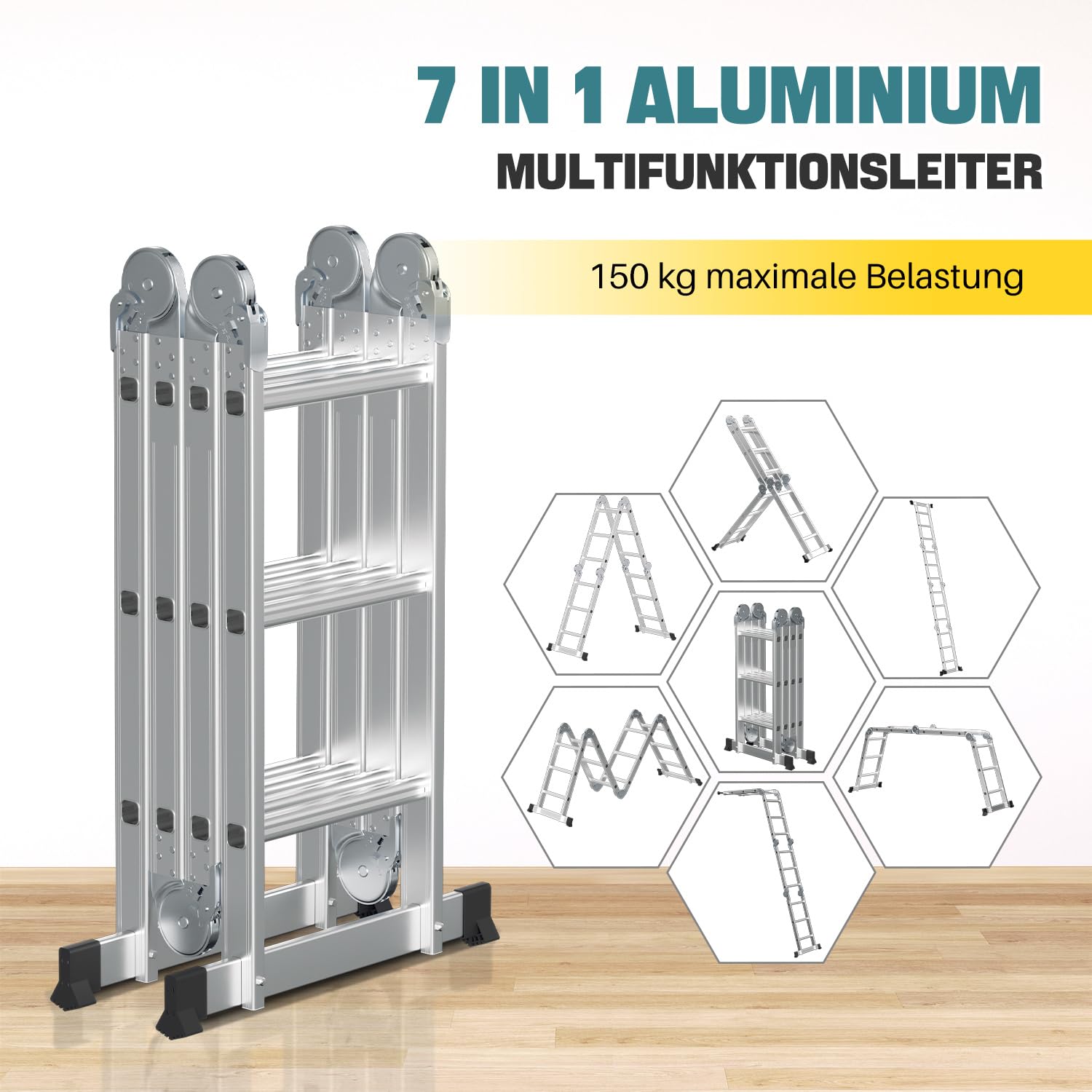 Escalera multiusos 4x3 multifunción 7 en 1 360 cm plegable aluminio 2 plataformas ruedas 12 peldaños 150 kg