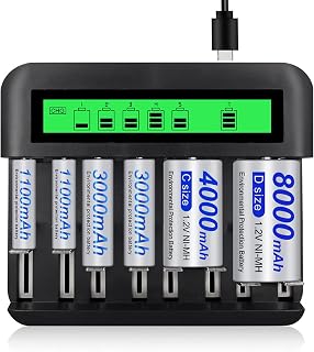 LCD Universal Battery Charger, 8 Slots USB Smart Battery Charger for Ni-MH AA AAA C D Size Rechargeable Battery Quick Charger with 2A USB Port, Type C Input (Large Screen)