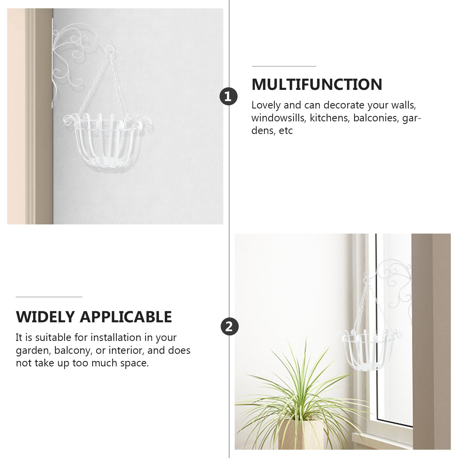 TOYANDONA Cesto Sospeso in Ferro Battuto Bianco per Vasi da Fiori da Parete, Fioriera Decorativa da Interno ed Esterno per Balcone e Cucina, Ornamento Sospeso per Arredamento Casa