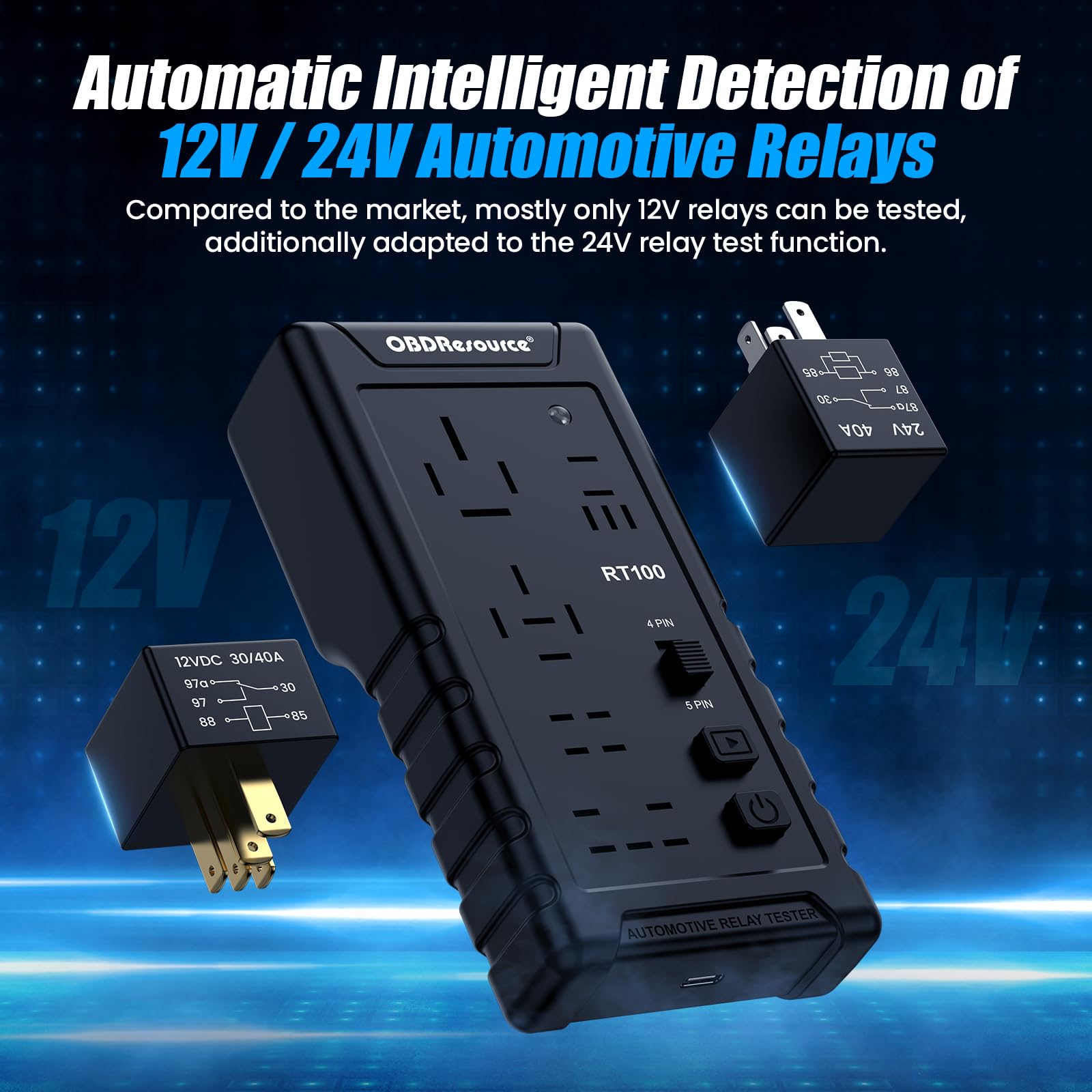 OBDResource 12 V/24 V Relè tester wireless, 4 pin/5 pin, strumento diagnostico per 10 relè in 5 diverse posizioni del piede per auto
