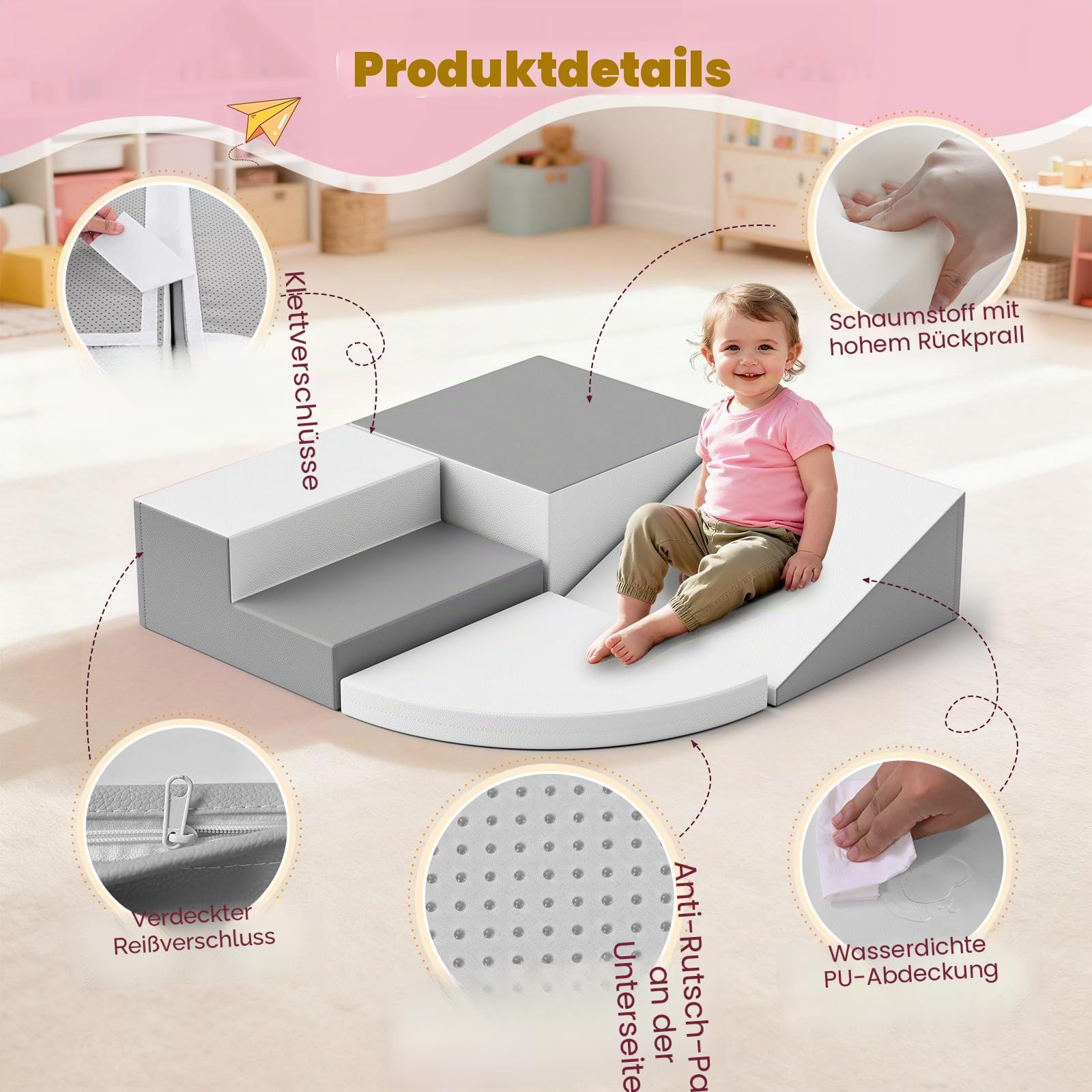 4-teilige Schaumstoff Kletterbausteine Grau-Weiß, Kombinierbare Softbausteine mit Klettverschluss, Pädagogisches Spielzeug für Kleinkinder Indoor & Kindergarten