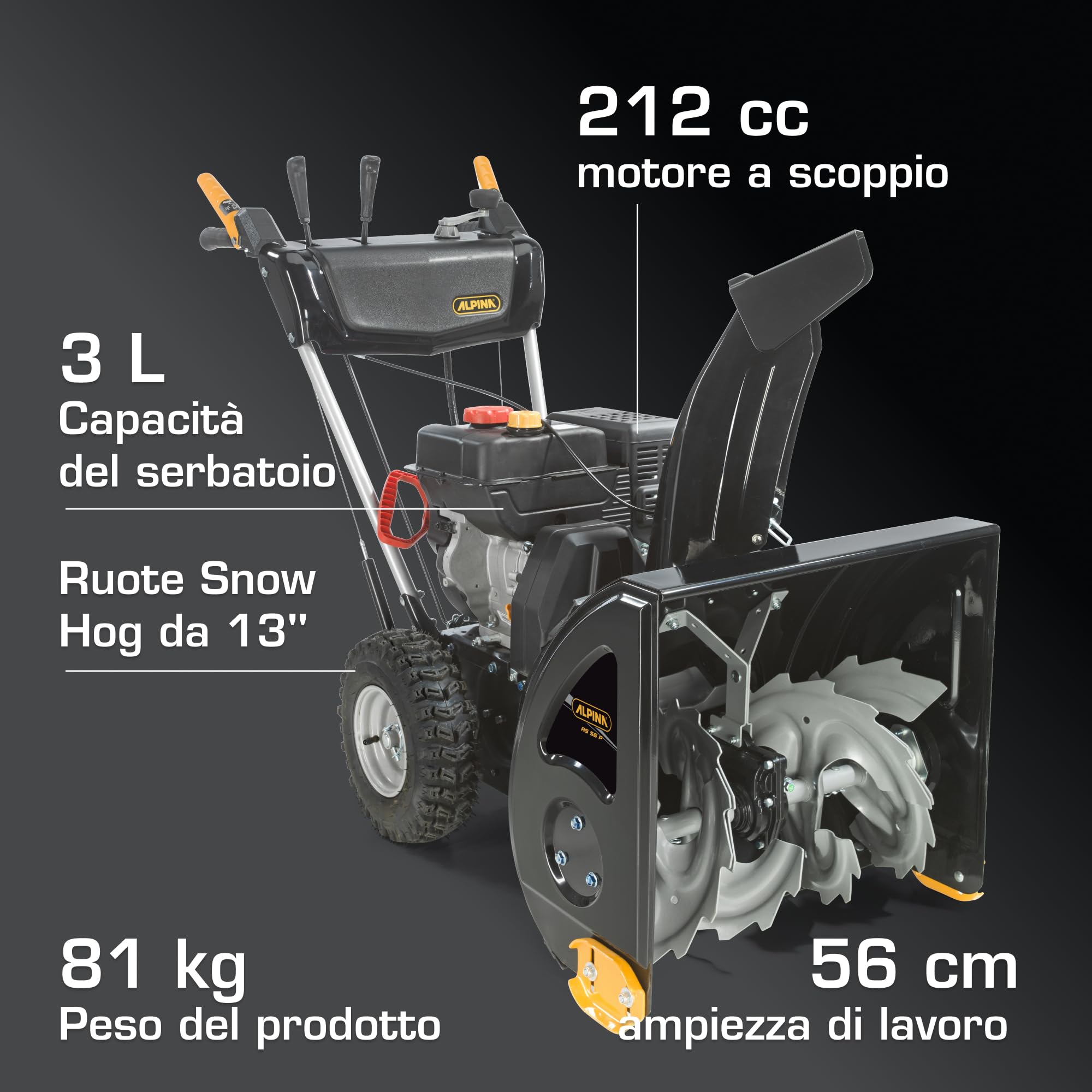 Alpina AS 56 P Spazzaneve a Scoppio, 212 cc, 56 cm – Sistema Doppio Stadio, 5 Marce Avanzamento + 2 Retromarcia – Per Vialetti e Aree Medio-Grandi