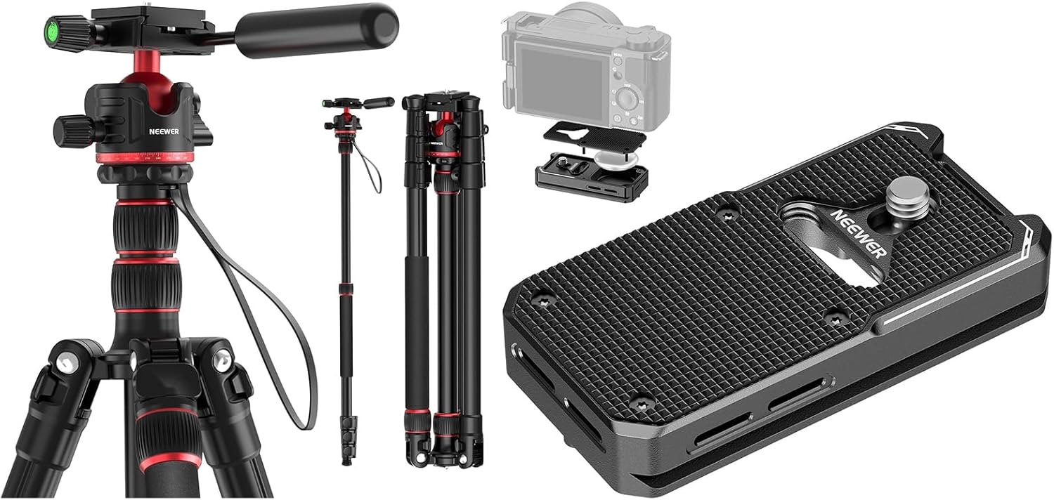 NEEWER Basics TP08 77" Camera Tripod Monopod + QRP-11 Quick Release Plate Compatible with AirTag, Compact Lightweight Travel DSLR Video Stand with 360° Ball Head, Arca Type QR Plate, 13lb Max Load