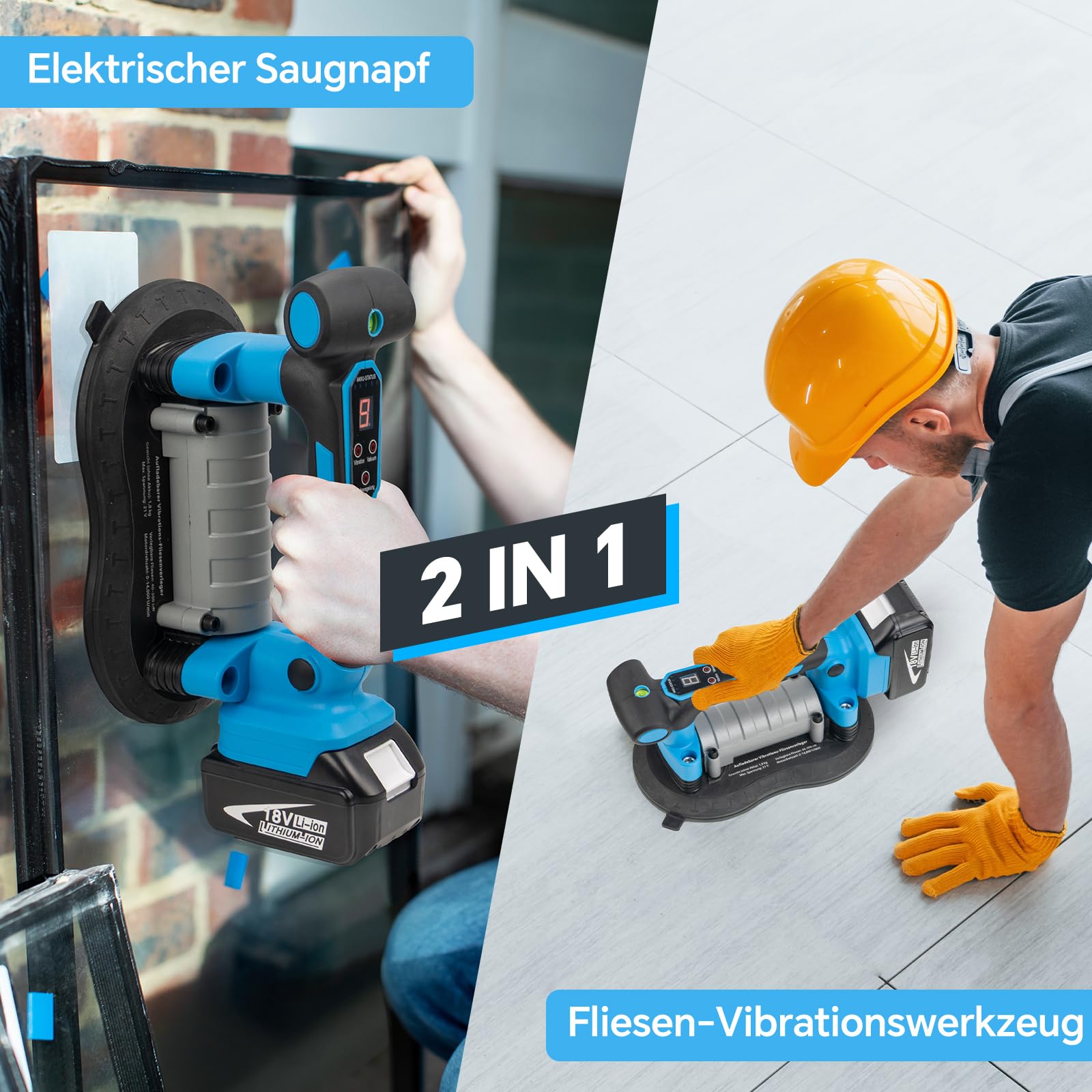 2IN1 Akku Fliesenrüttler & 25CM Akku Saugheber für Makita Akku 18V | mit 9 Stufen, 220 KG Saugkraft,Fliesen Vibrationsgerät Fliesenvibrator für 3M Fliesen Wandfliesen (mit 1x BL1840B Akku)