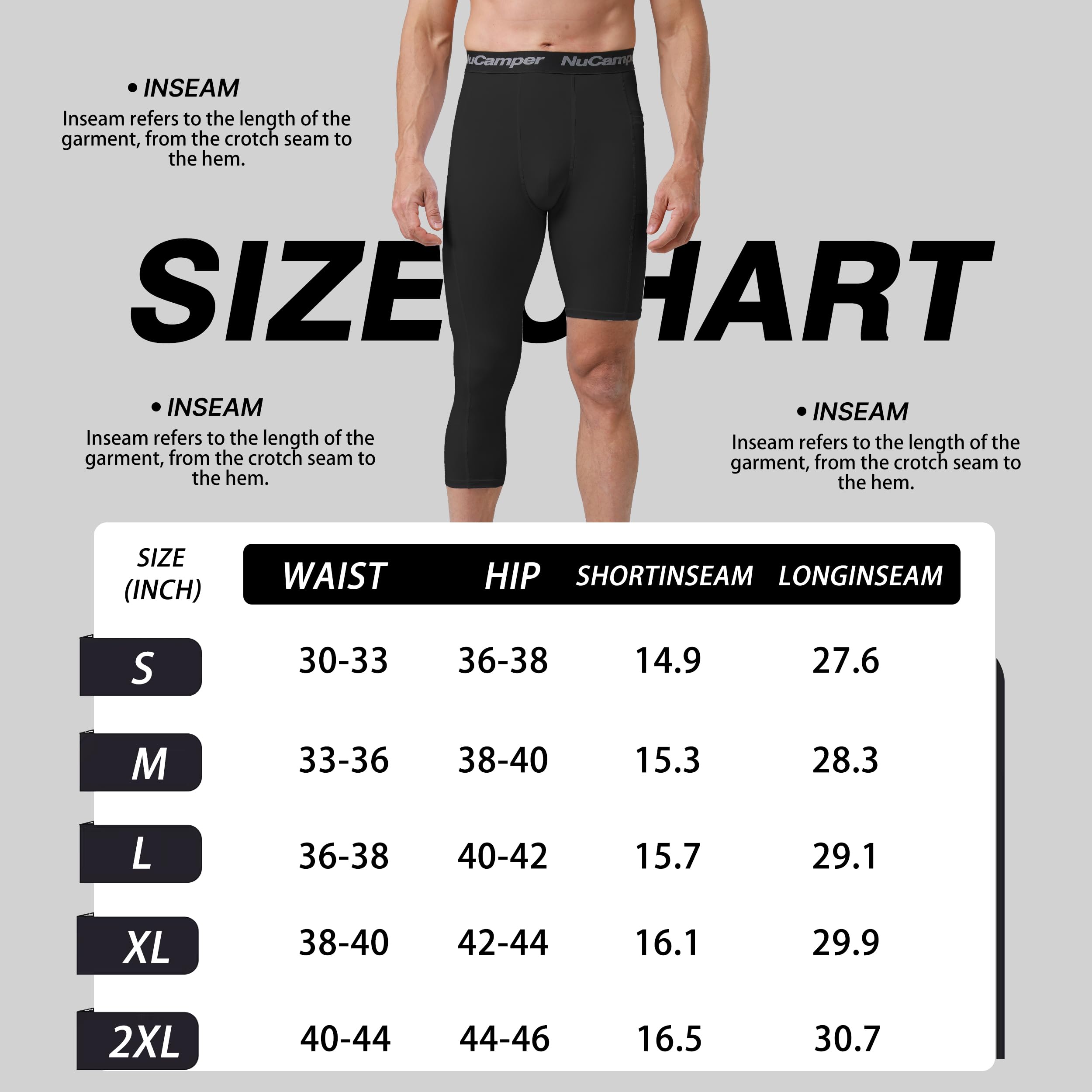 NuCamper Pantalones de Compresión 3/4 Hombre Baloncesto Capa Base Bolsillos Mallas Secado Rápido Transpirables Leggings Correr