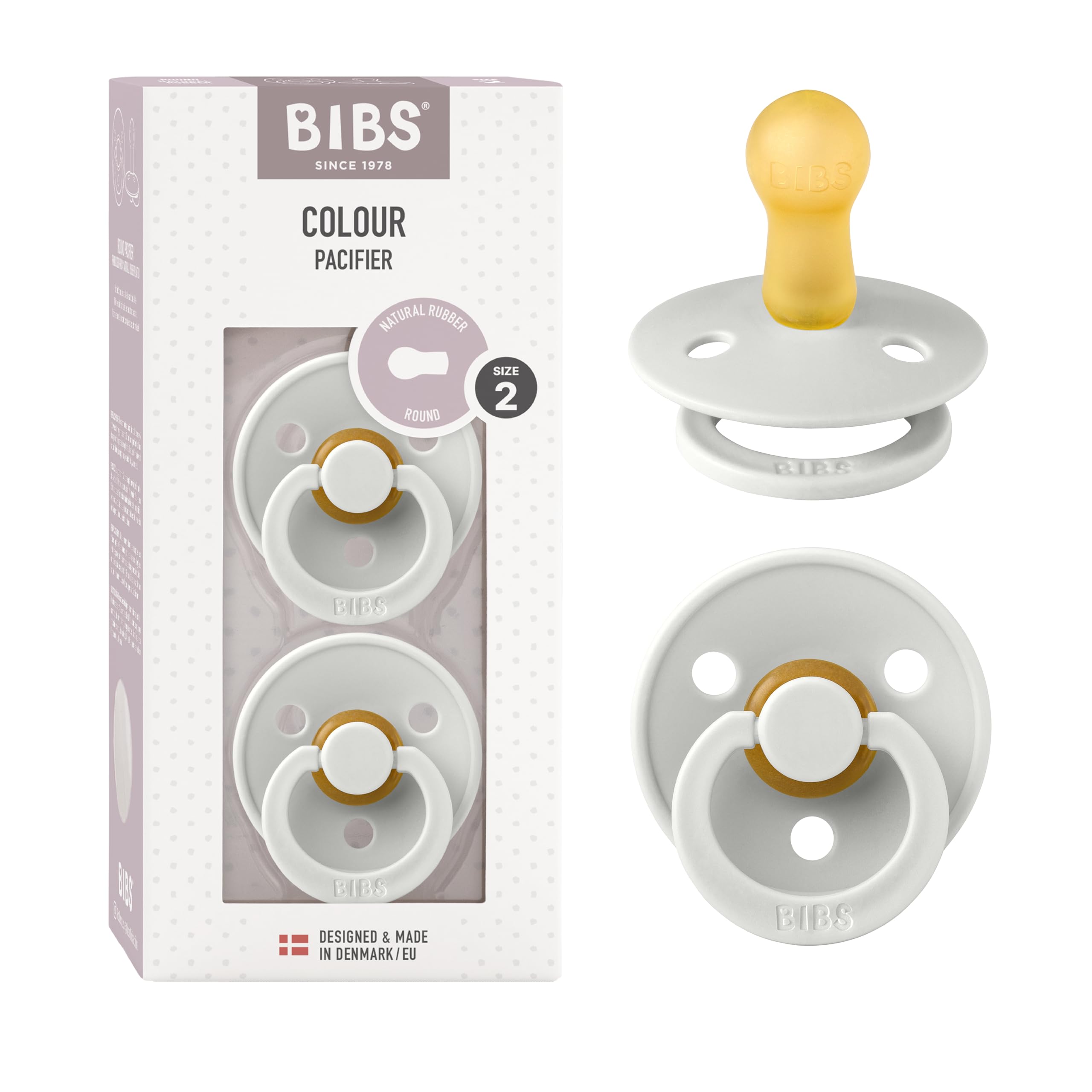 Bibs Pacifiers Color Collection, Set of 2 BPA-Free Latex Pacifiers Made in Europe, Round Nipple Baby Pacifier.