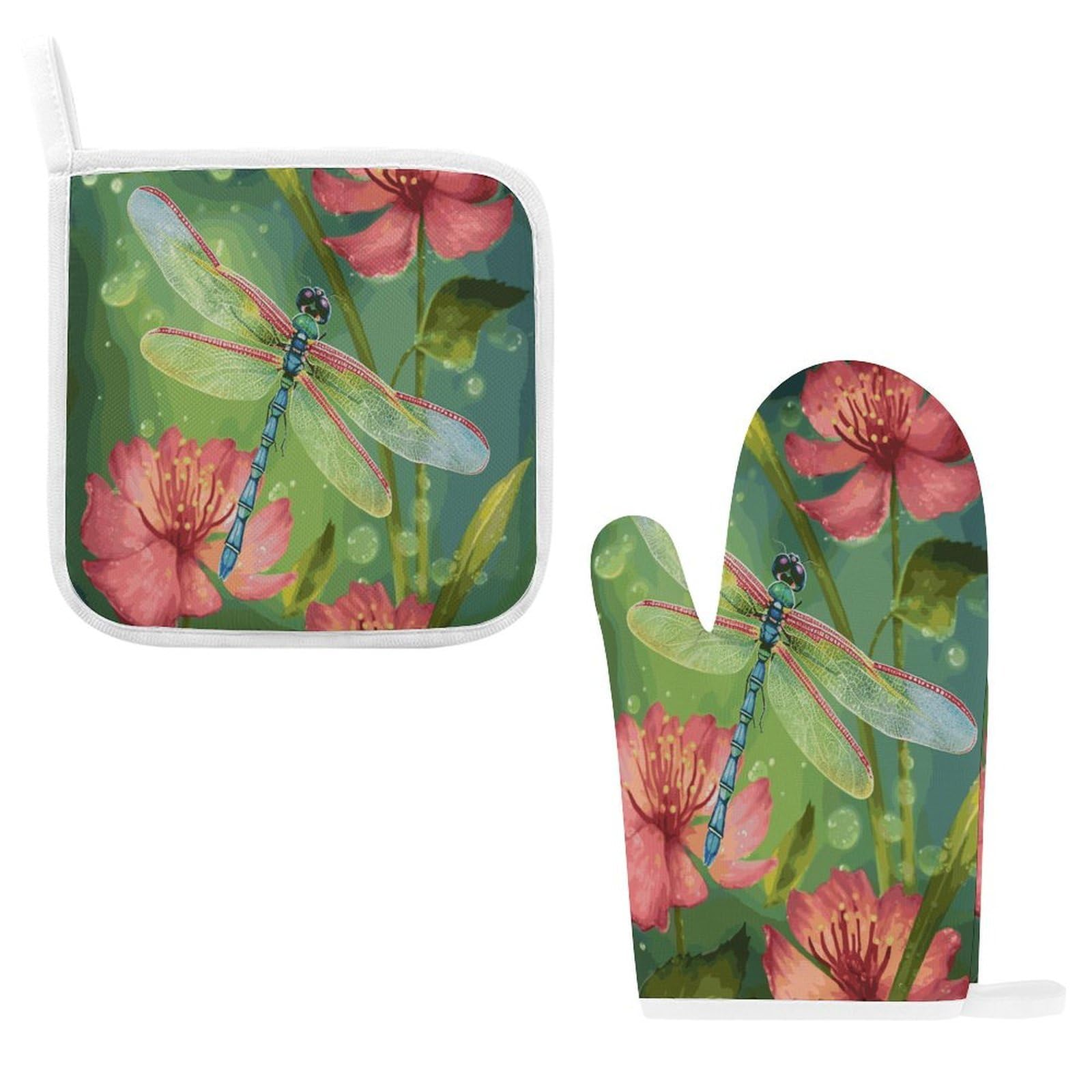 Fodpand Style Dragonflies And Flowers Oven Mitts And Pot Holders Sets