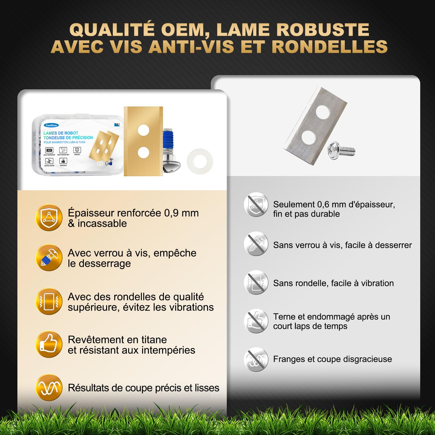 36 lames compatibles avec Mammotion Luba et YUKA toutes les séries, lames de robot de tondeuse à gazon de rechange en titane robustes, avec rondelles en plastique