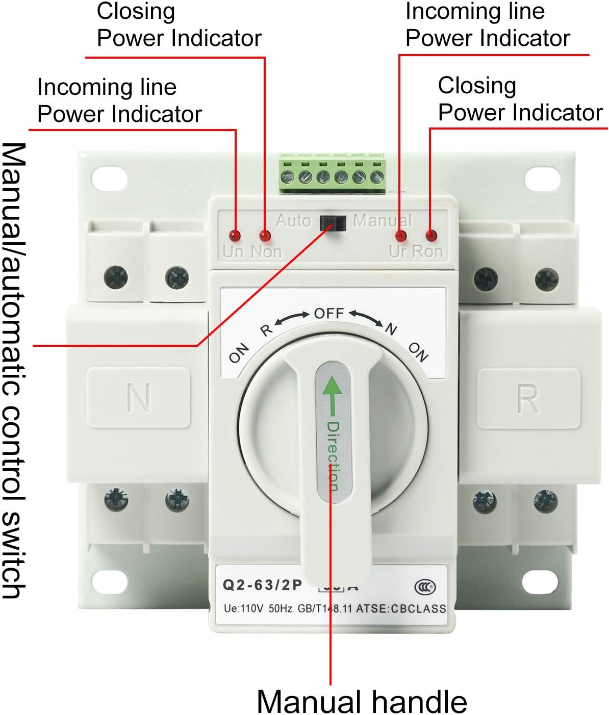 Automatic Transfer Switches 2P 63A 110V, Dual Power Toggle Controller Change-Over Switch ATS for Emergency Generator Backup MCB type Generator Changeover Switch
