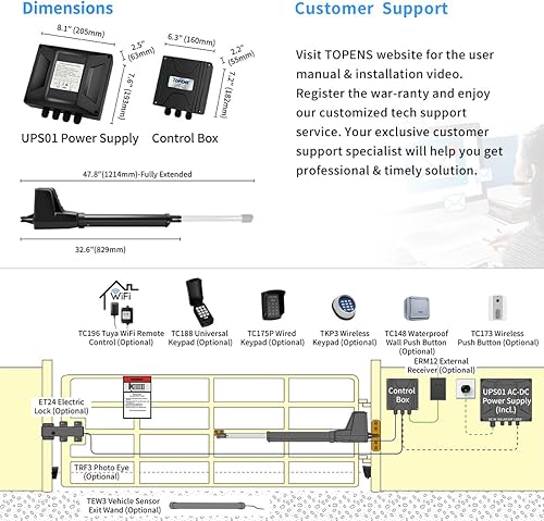 Miniatura 6 de TOPENS AT12131 - Abridor de puerta oscilante simple Motor de puerta automático resistente para puertas batientes individuales de hasta 18 pies,