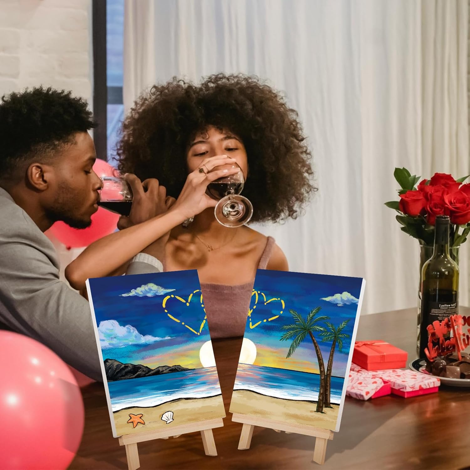 VOCHIC 2 Pack Sip and Paint Kit Pre Drawn Canvas for Painting for Adults Couples Date Night Games Outline Canvas Party Art Set Paints Brushes Pallets Valentine (12x16 Inches, Beach and Heart)