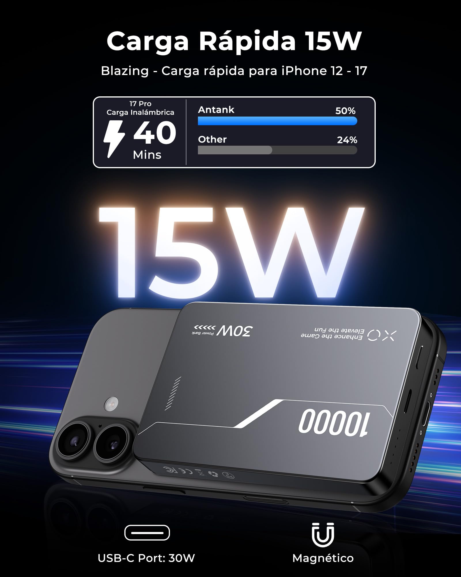 Antank B5 10000mAh Magnética Power Bank para Nintendo Switch 2 & iPhone | 30W PD Carga Rápida Bateria Portatil para iPhone 17-12/Switch/Switch OLED, Soportes Traseros Desmontables & Cables USB-C
