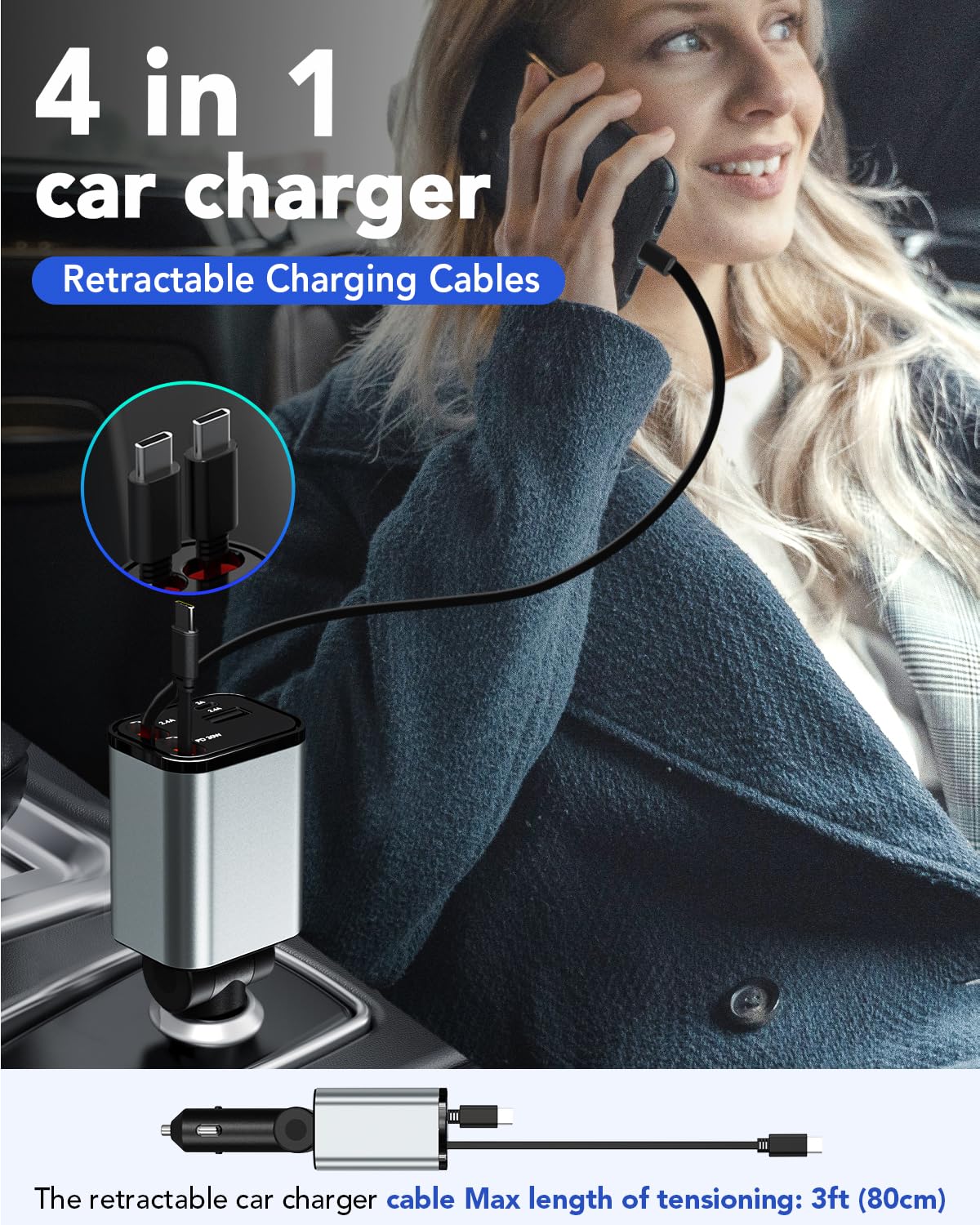 Aimtel Einziehbares Auto-Ladegerät, USB-Kfz-Ladekabel (2,6 Ft) und 2 USB-Anschlüsse, Auto-Ladegerät, kompatibel mit iPhone 17/17Air/Galaxy/Google/Huawei/Tablet