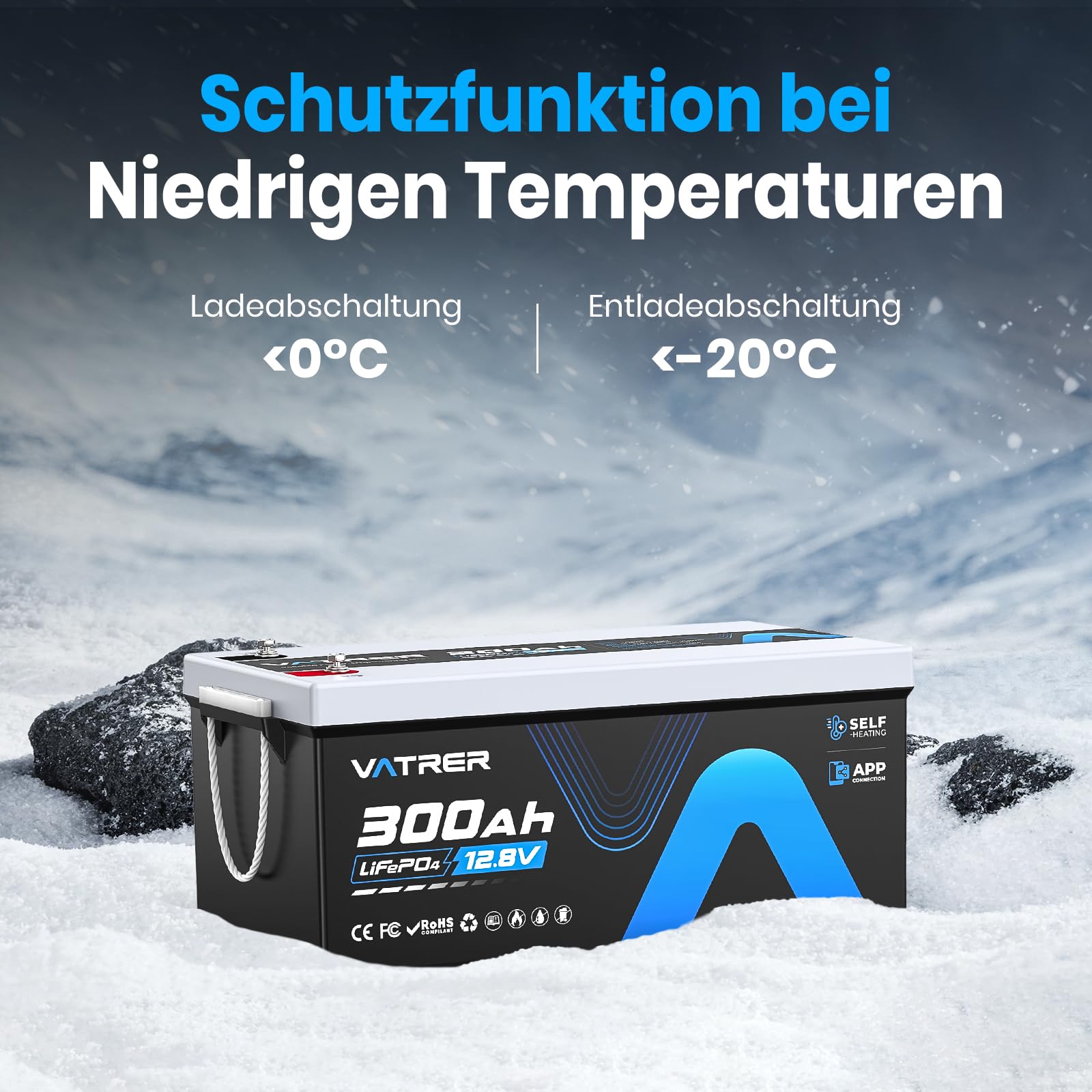 VATRER POWER 12V 300Ah Selbstaufheizende LiFePO4 RV- & Wohnmobil-Batterie, APP-Überwachung, integriertes 200A BMS, 3840 Wh nutzbare Energie, über 5000 Zyklen – Ideal für RV und Wohnmobil
