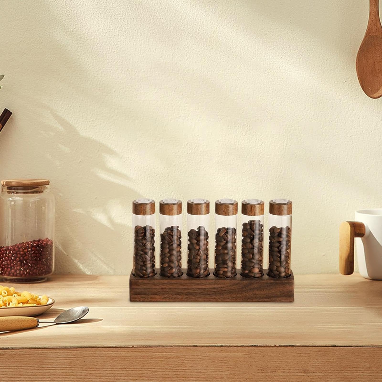 Kaffeebehälter mit Ablage, Transparente Aufbewahrungsröhrchen für Kaffeebohnen, Tee Und Zuckerdose, Kaffeebohnen Reagenzglas für Die Theke, Café, 6 Loch 17g