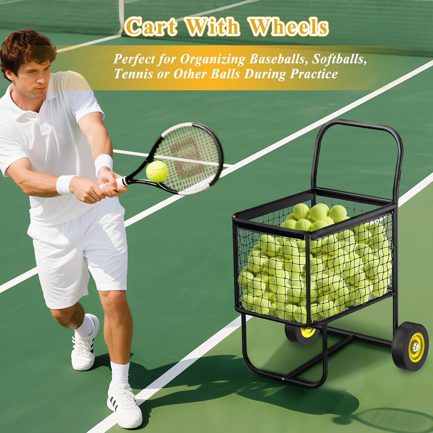 Sport Baseball Cart with Wheels, Heavy-Duty Wheeled Ball Cart Holds 300+ Baseballs or 150 Softballs, Volleyball Equipment Cart, Big Wheels Portable Transport & Storage, for Field & Training