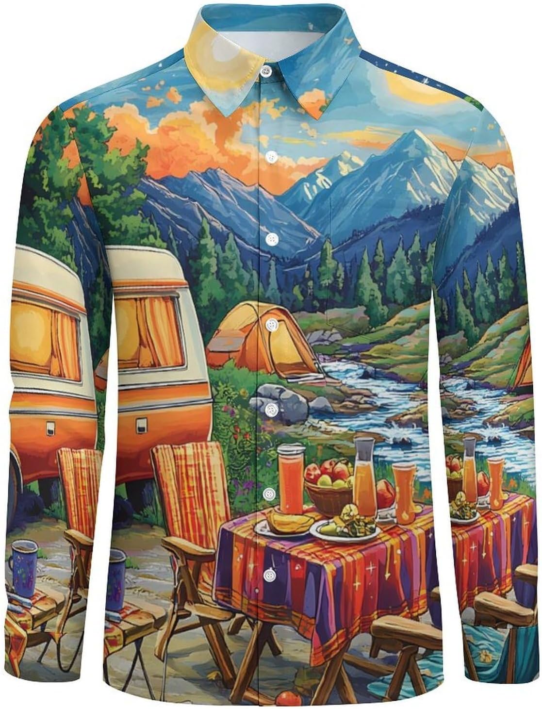 Camping And Sunset Long Sleeve Shirts Casual Dress Shirt Button-down T-shirts for Men