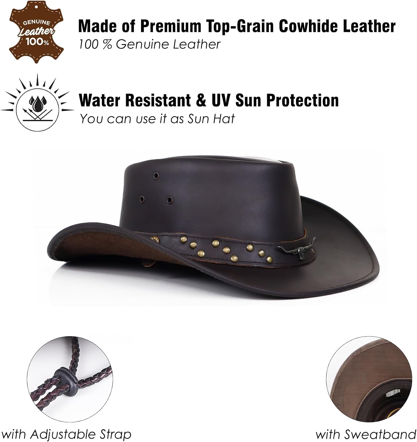 Brown Leather Cowboy Hat for Men Women – Vintage Outback Western Style, Shapeable Wide Brim Studded Hat
