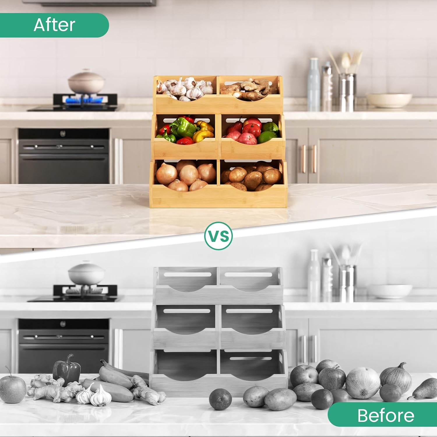 Potato Onion Storage Bins Natural Brown, 3 Tier Bamboo Pantry Storage Bin Stackable Ventilated Kitchen Organizer for Pantry, Countertop, Bathroom, Space-Saving, Easy Access Handle - Image 8