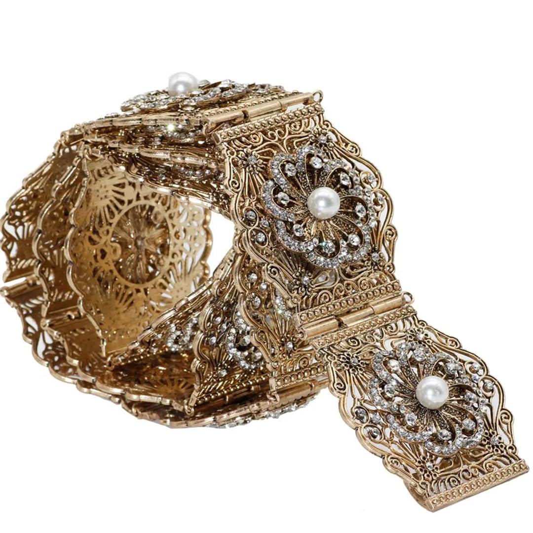 Wvapzxx Cinturón de metal para mujer, color dorado envejecido, con diamantes de imitación y perlas artificiales, estilo marroquí