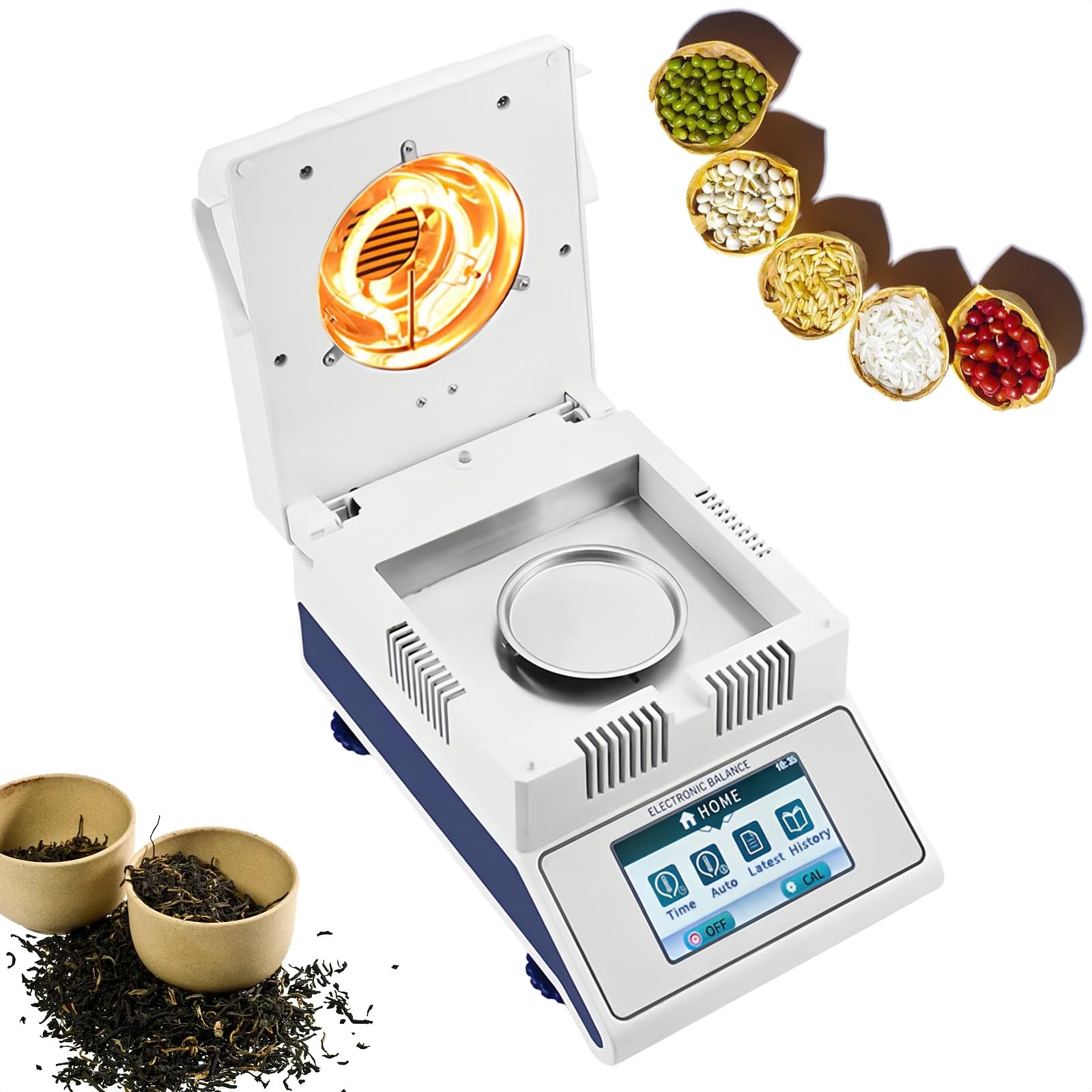 Analizador de humedad automático por calentamiento halógeno, medidor digital de humedad para granos con 2 modos de secado, interfaz RS232, rango de temperatura de 60-160 °C(50g/0.001g)