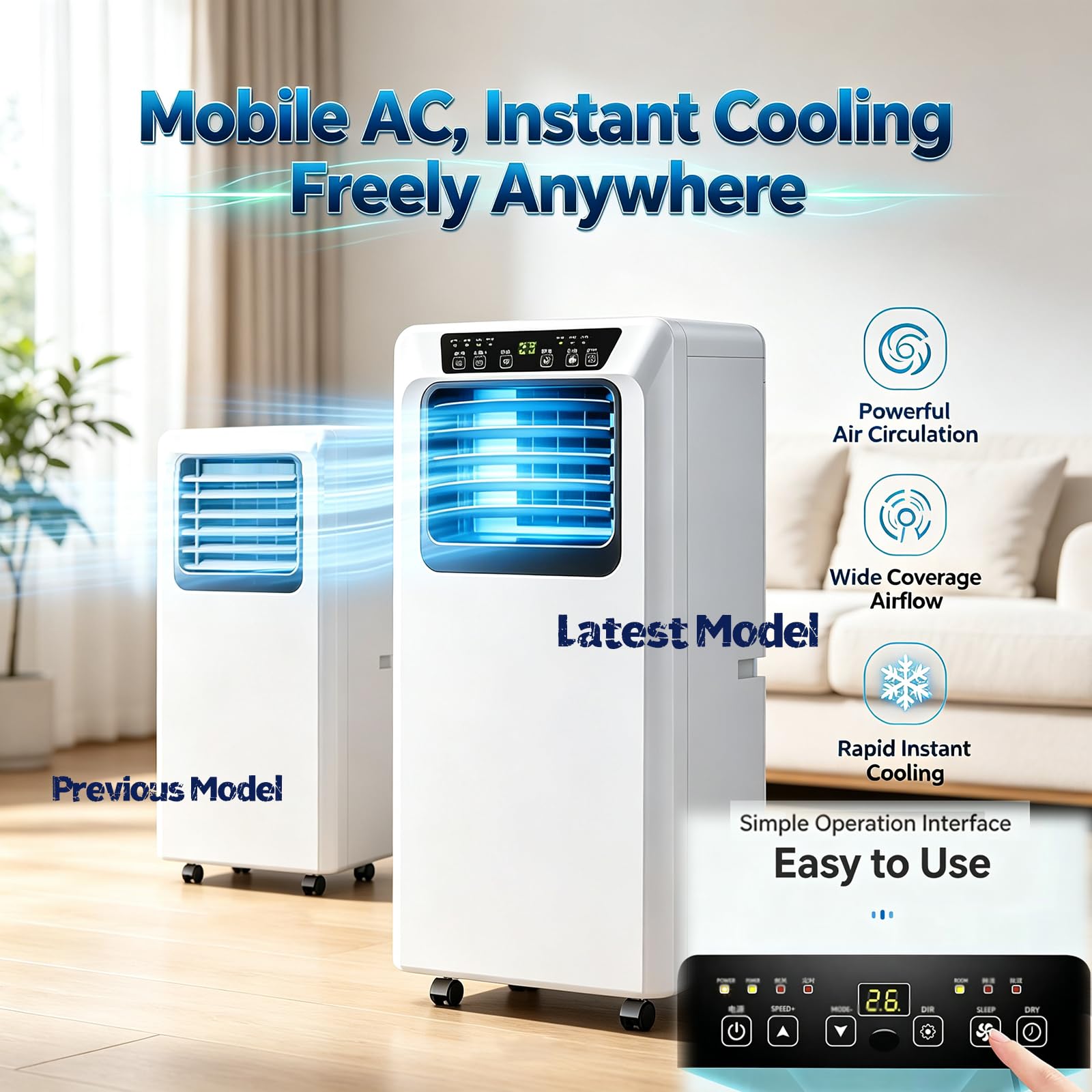 Tragbare Klimaanlage, 12000 BTU, kühlt 30 m² Raum mit Luftentfeuchter, Ventilatormodus, Sp-Timer, Fernbedienung, leicht zu bewegen, Rollen für Zuhause, Büro, Wohnzimmer, Schlafzimmer