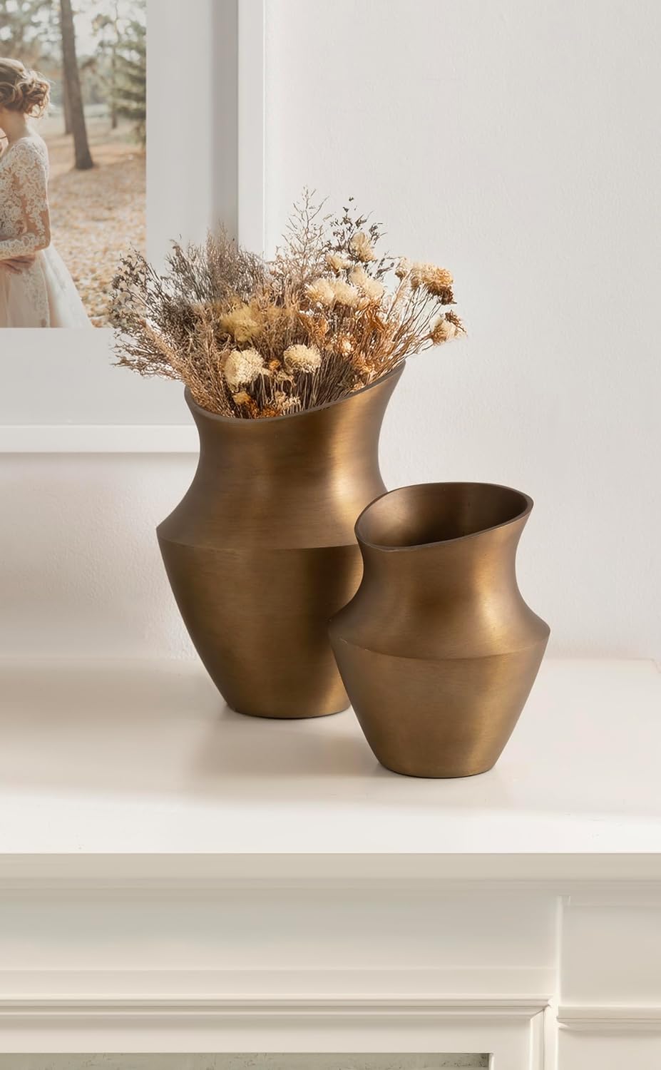 Kate and Laurel Suhana Two-Piece Vintage Metal Vase Set, Set of 2, Brass, Decorative Classic Cast Aluminum Tabletop Vases for Use as Dining Table Centerpiece or Living Room Decor