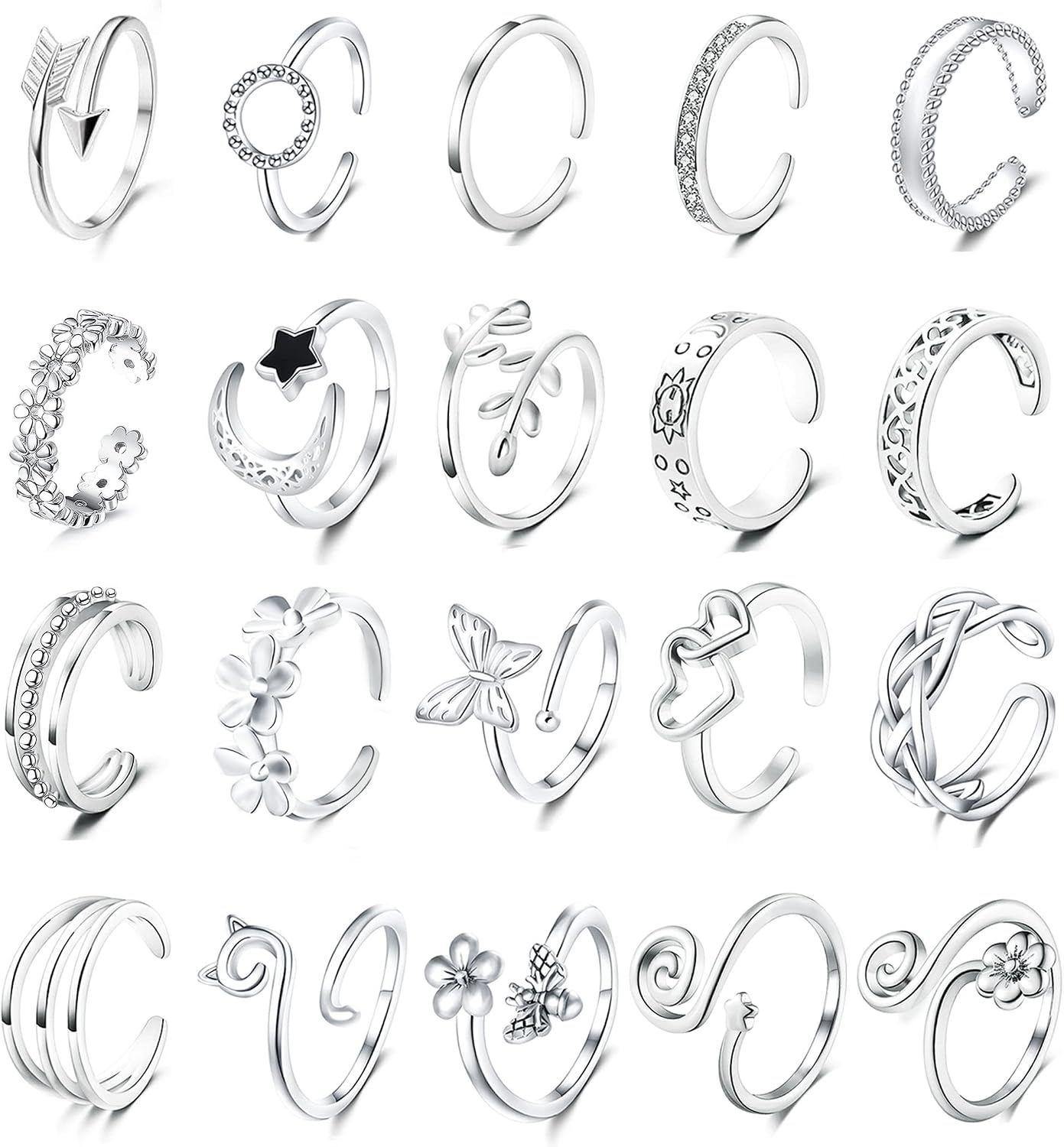 Staligue 20pcs Adjustable Toe Rings Set for Women Fingers Joint Tail Summer Beach Arrow Flower Open Rings Foot Jewelry
