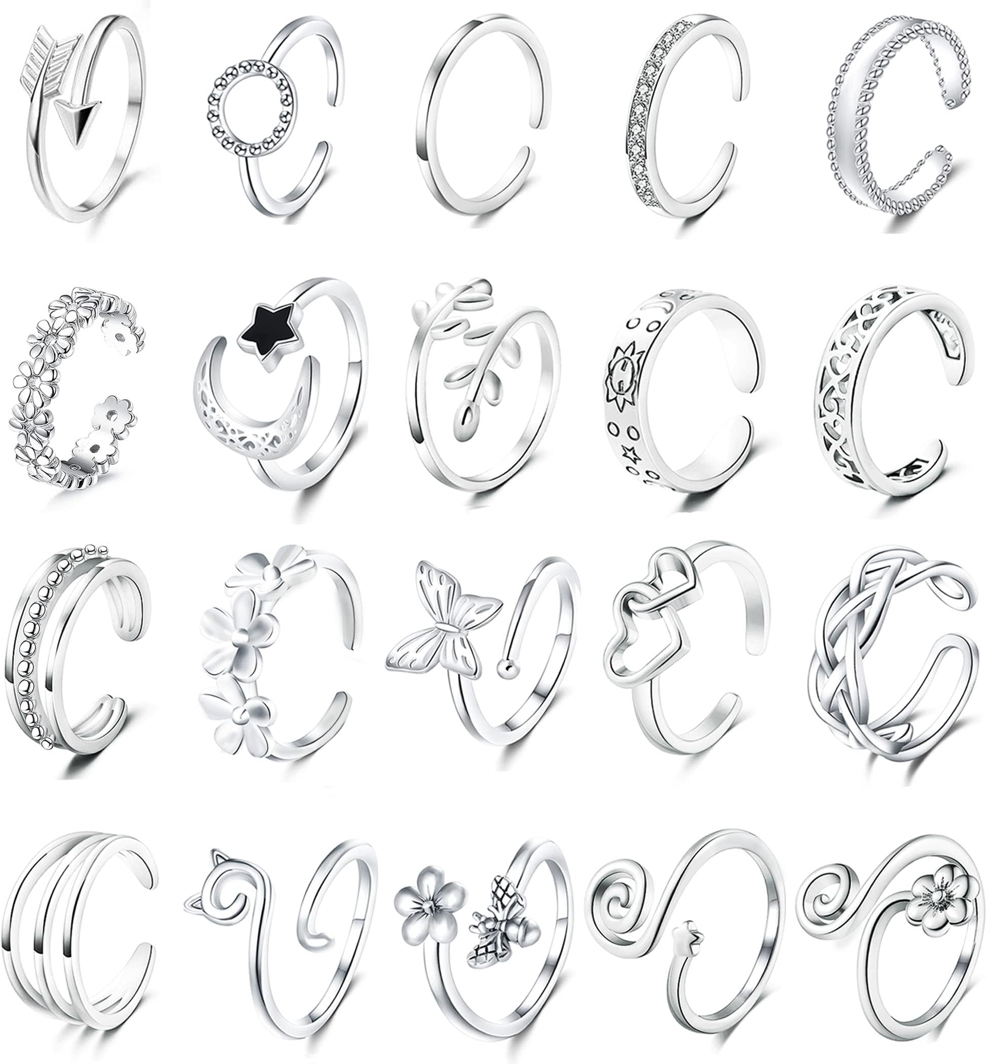 20pcs Adjustable Toe Rings Set for Women Fingers Joint Tail Summer Beach Arrow Flower Open Rings Foot Jewelry