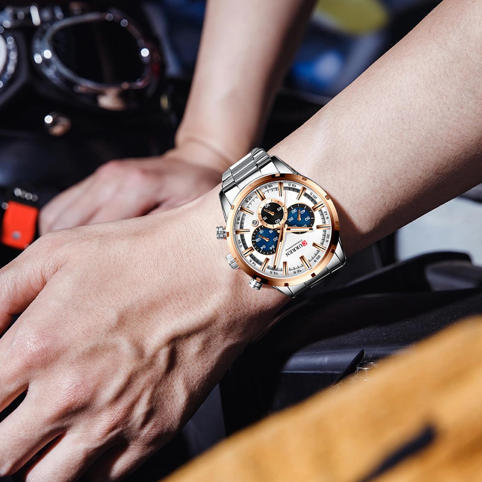 FANMIS Herren Luxus Uhren Business Chronograph Kleid Wasserdicht Edelstahl Analog Quarz Armbanduhr, C Gold Weiß, Chronograph, Quarzuhr